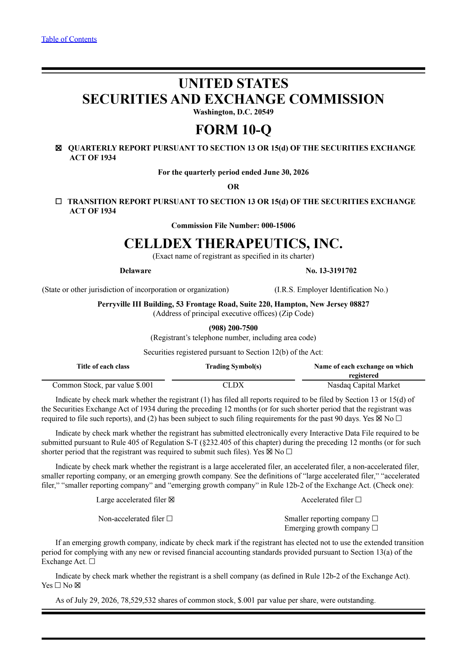 Celldex Therapeutics' Q2 2026 Quarterly report