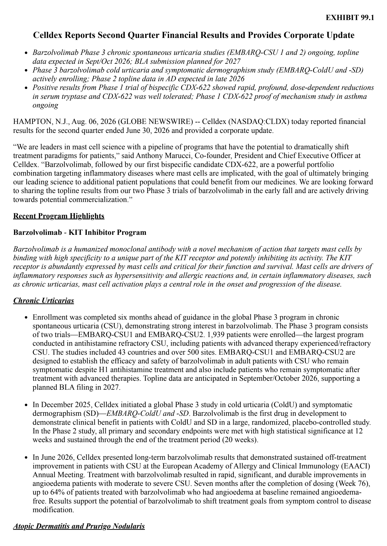 Celldex Therapeutics' Q2 2026 Press Release