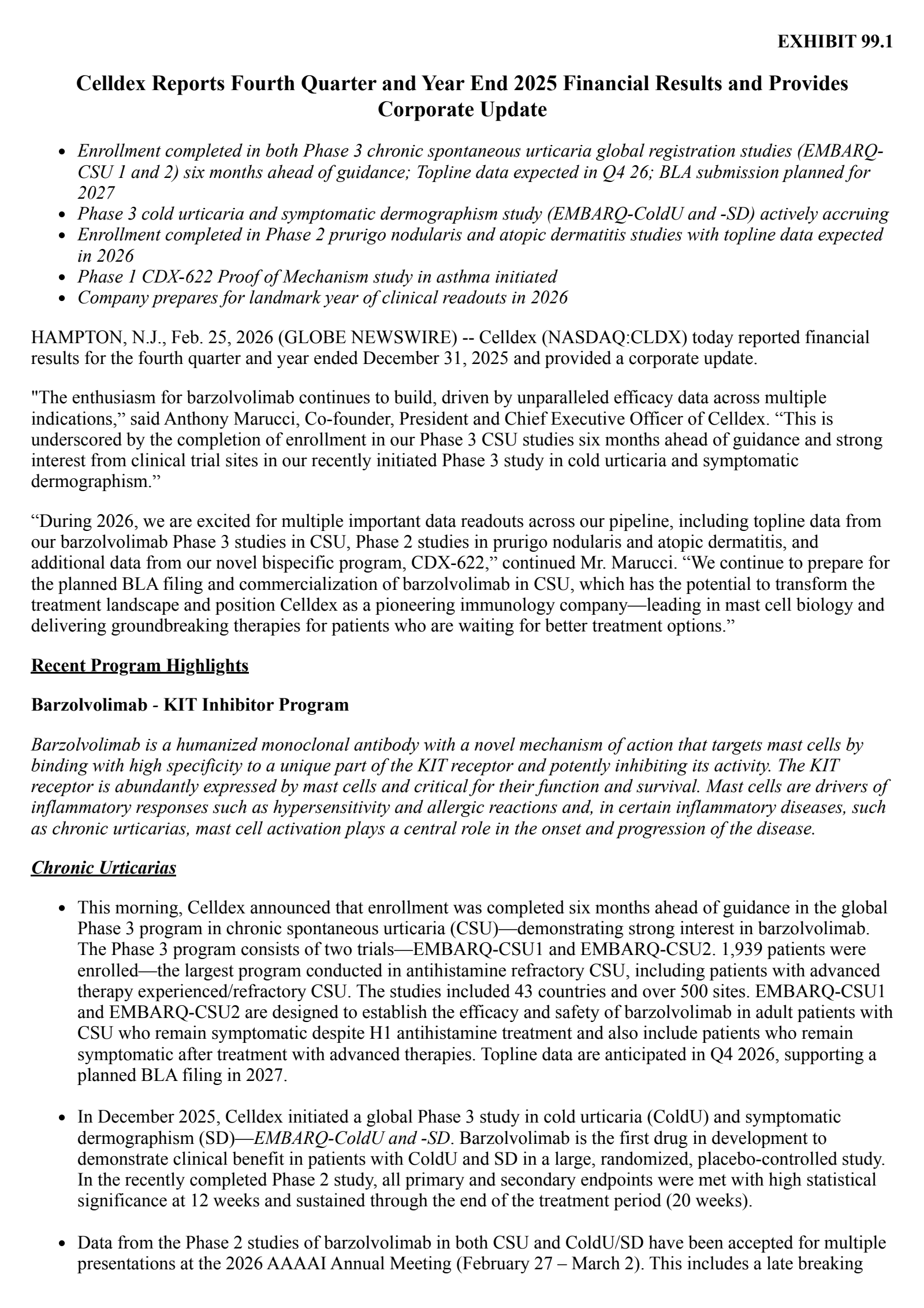 Celldex Therapeutics' Q4 2025 Press Release