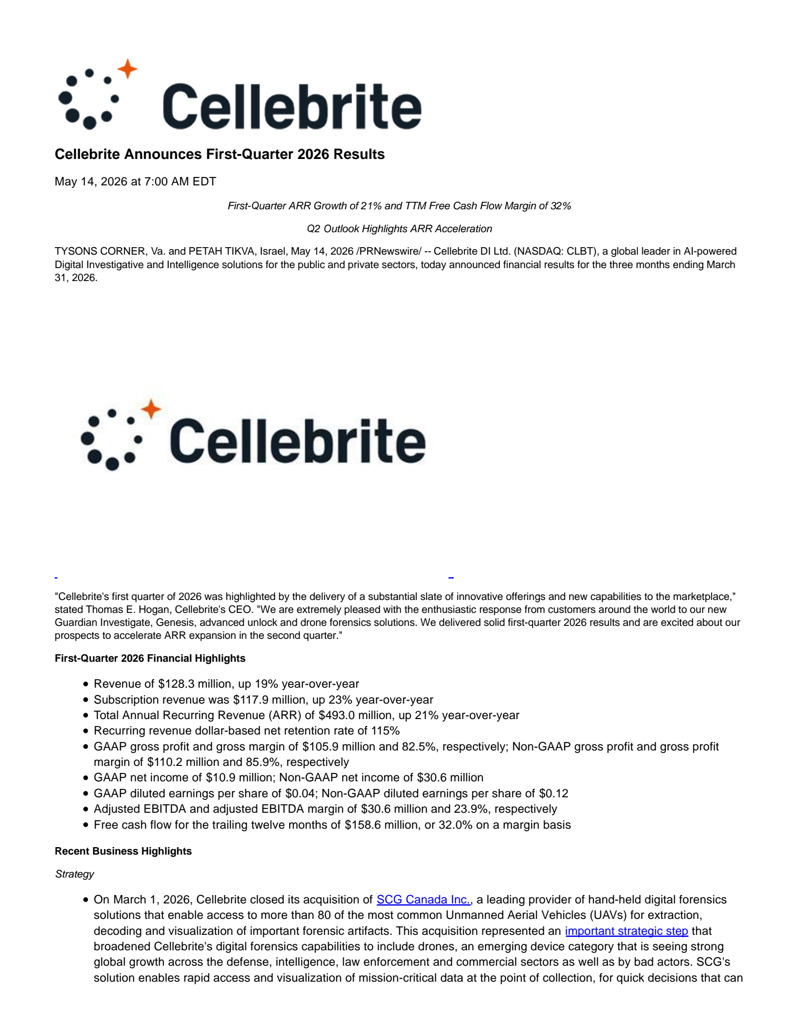 Cellebrite DI's Q1 2026 Press Release