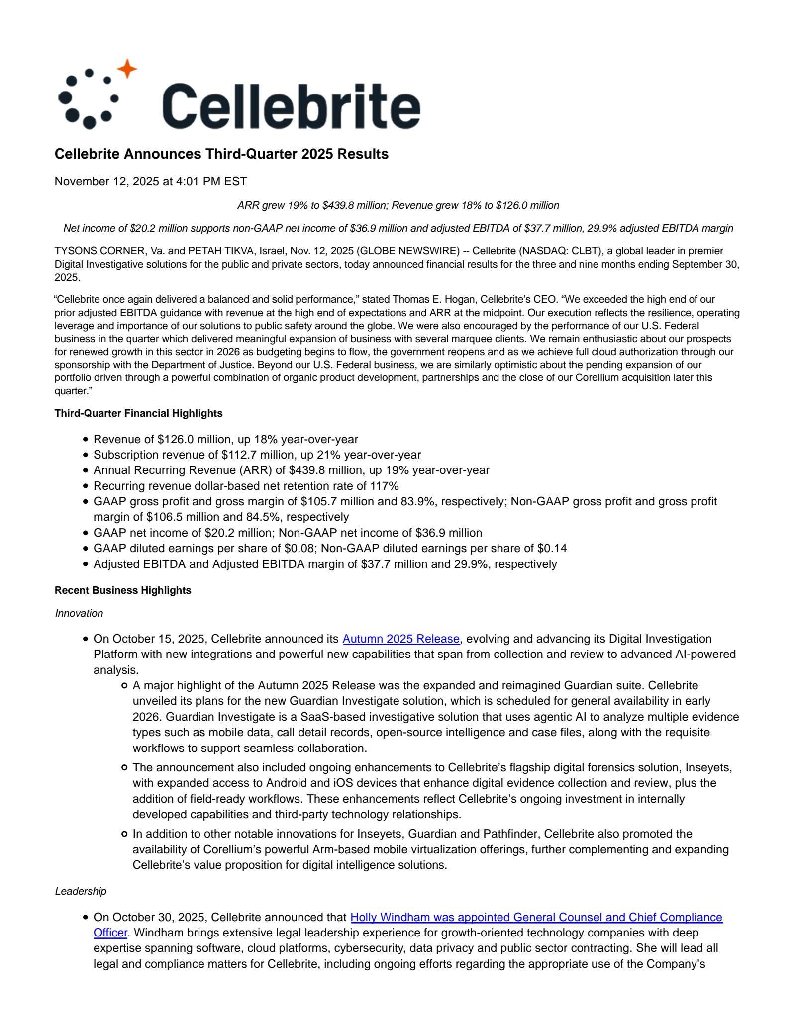 Cellebrite DI's Q3 2025 Earnings Release