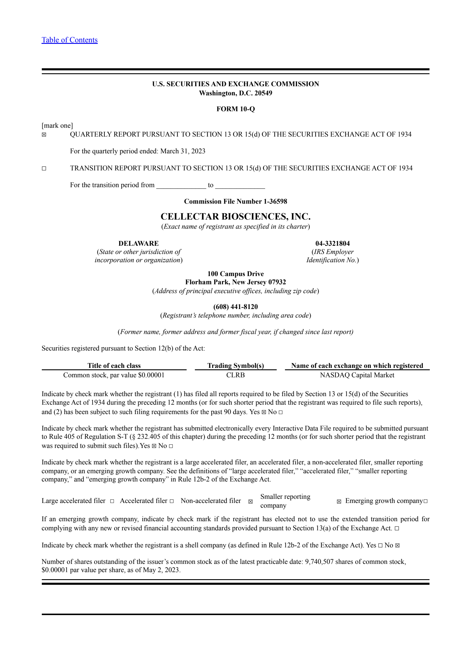 Cellectar Biosciences' Q1 2023 Quarterly report