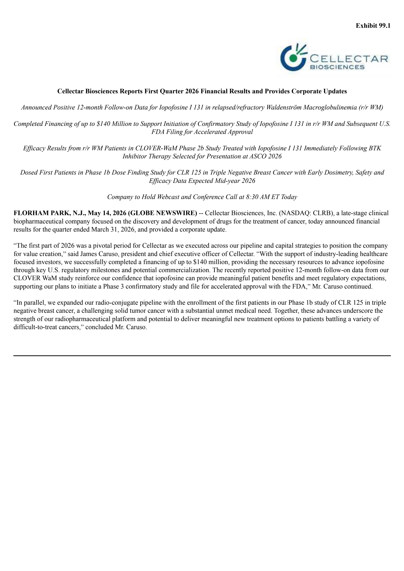 Cellectar Biosciences' Q1 2026 Press Release