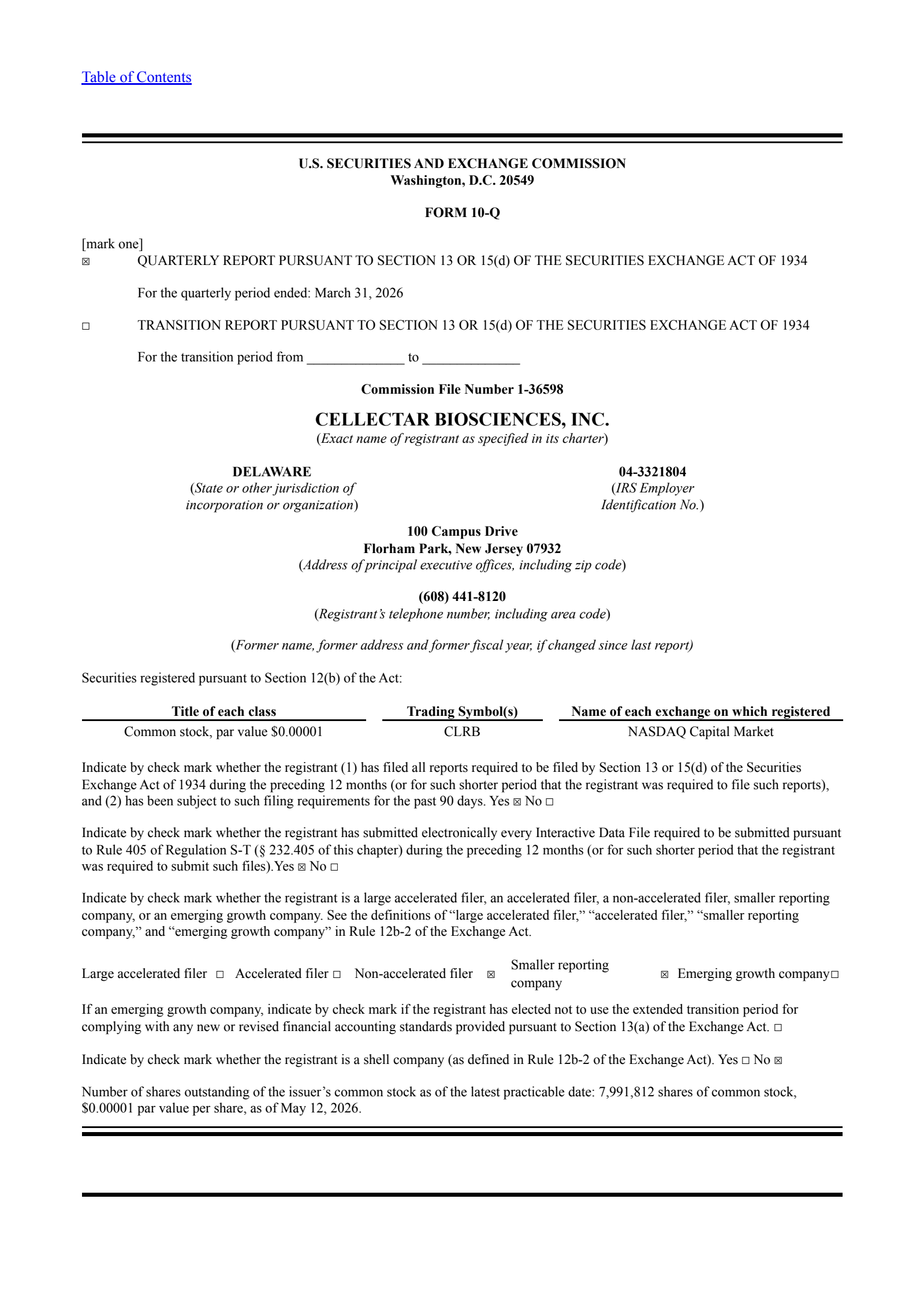 Cellectar Biosciences' Q1 2026 Quarterly report