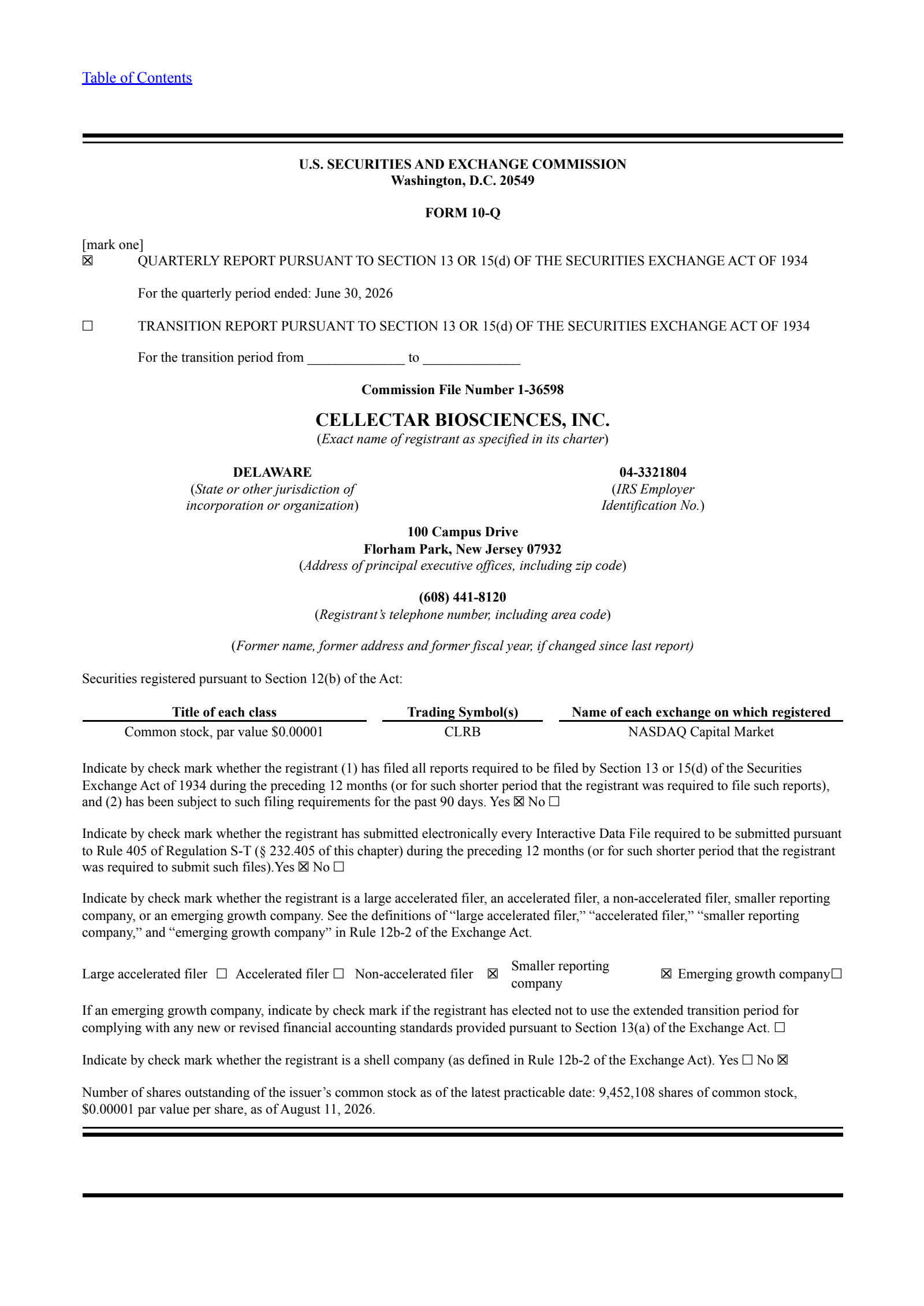 Cellectar Biosciences' Q2 2026 Quarterly report