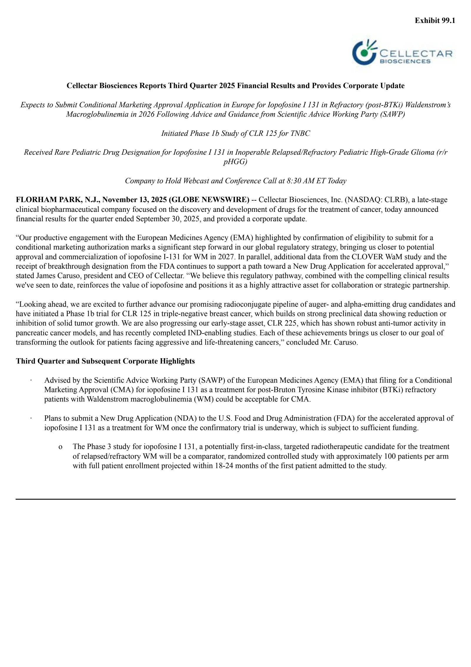 Cellectar Biosciences' Q3 2025 Earnings Release