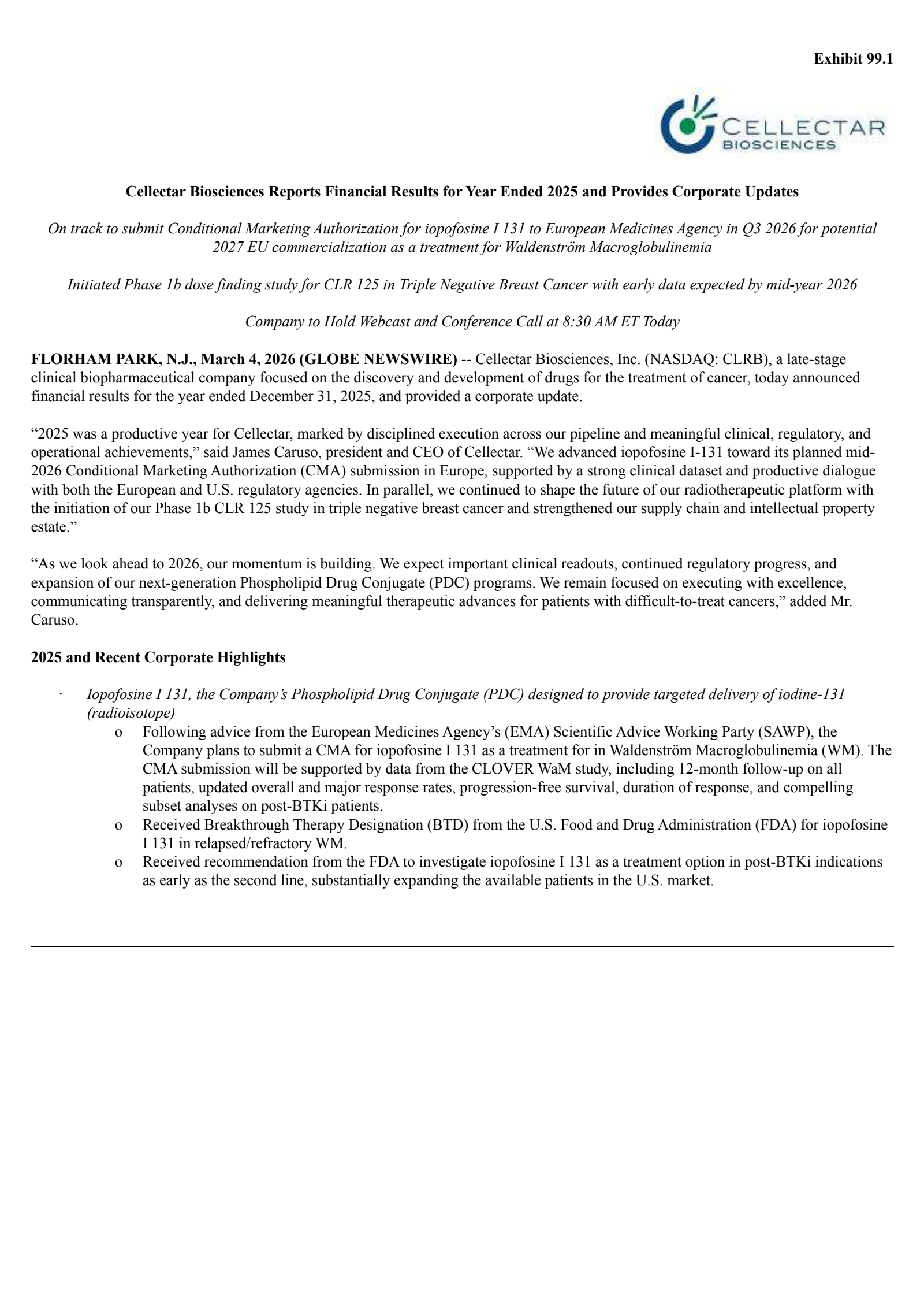 Cellectar Biosciences' Q4 2025 Press Release