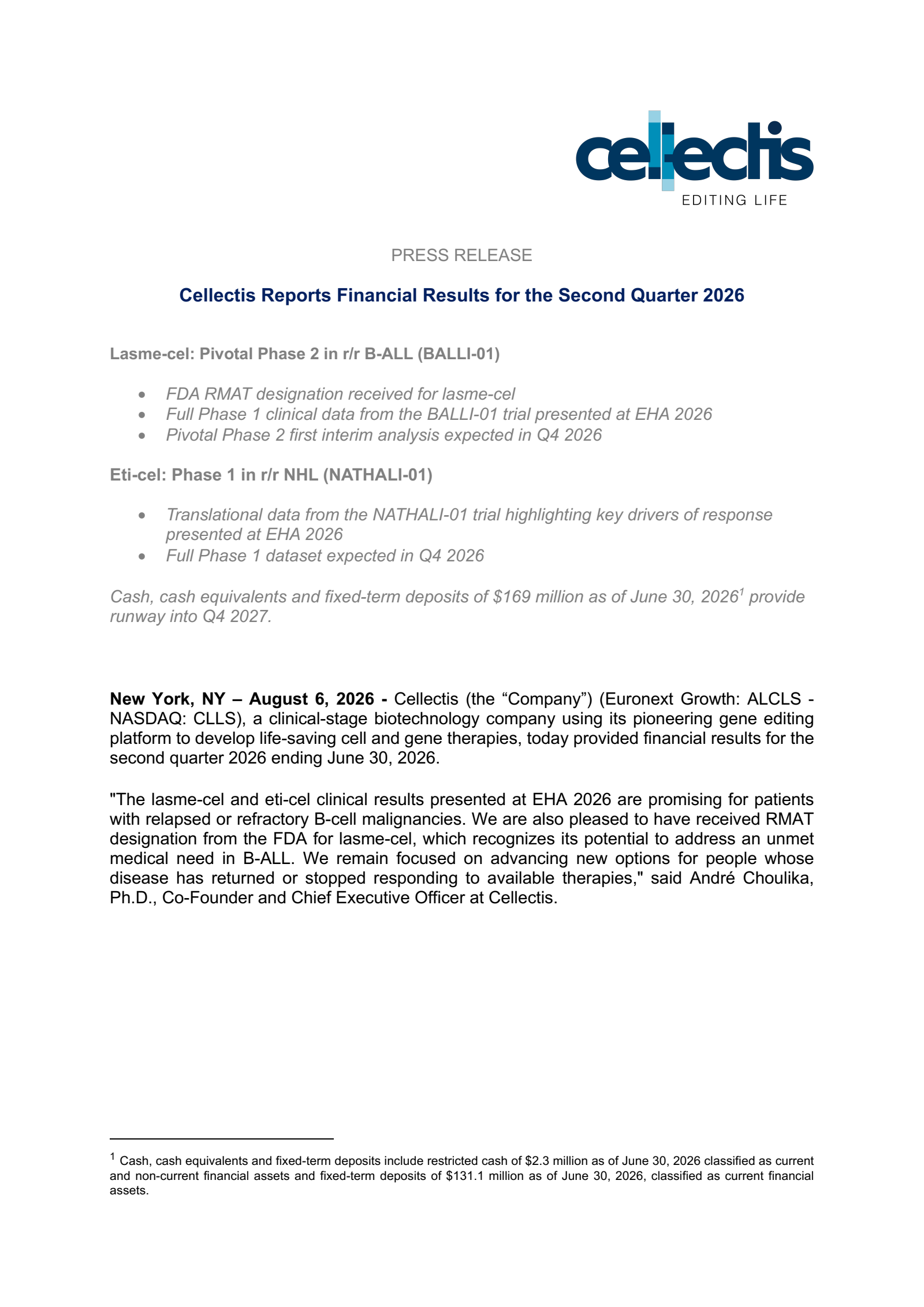 Cellectis' H1 2026 Press Release