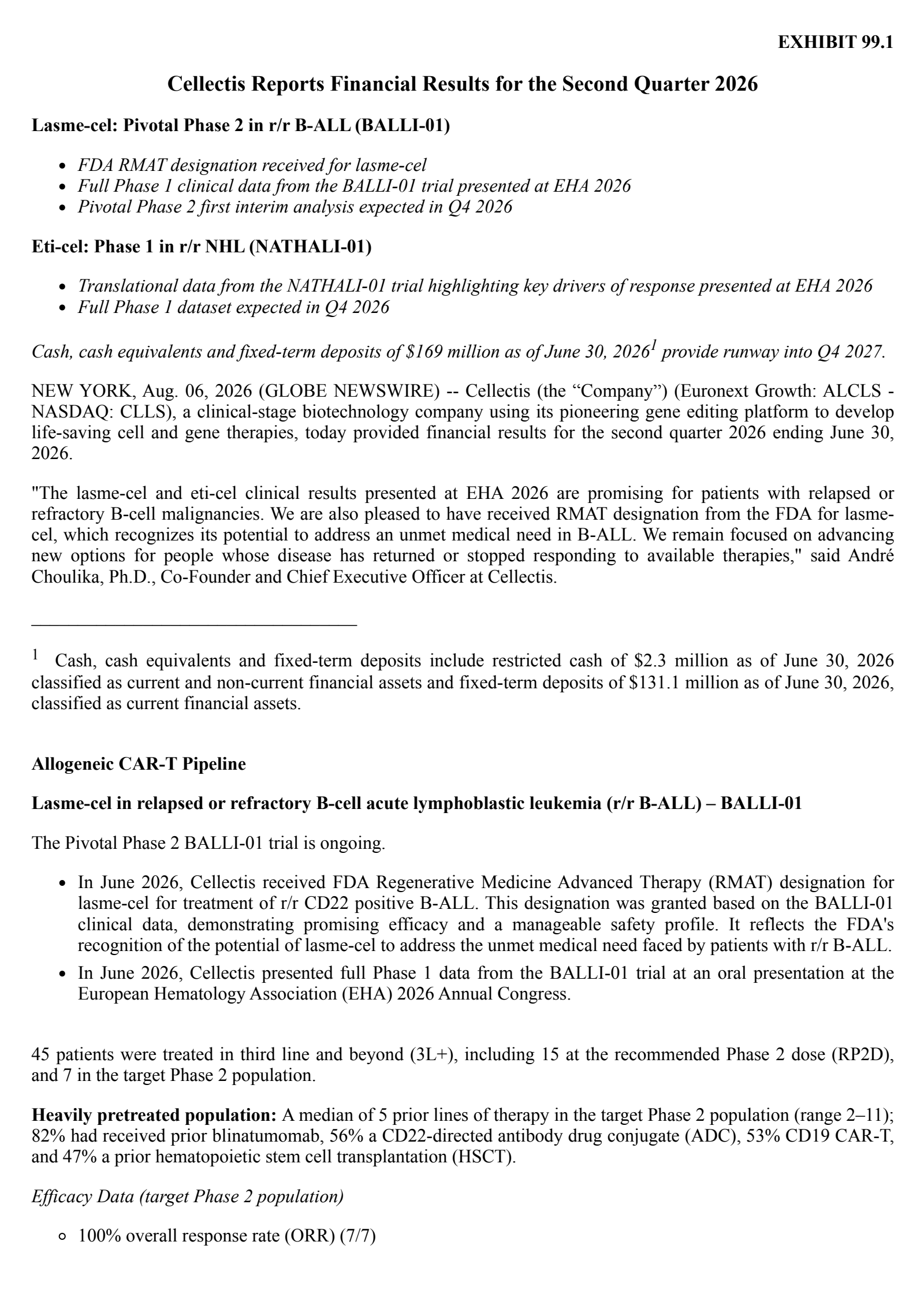 Cellectis' H1 2026 Press Release