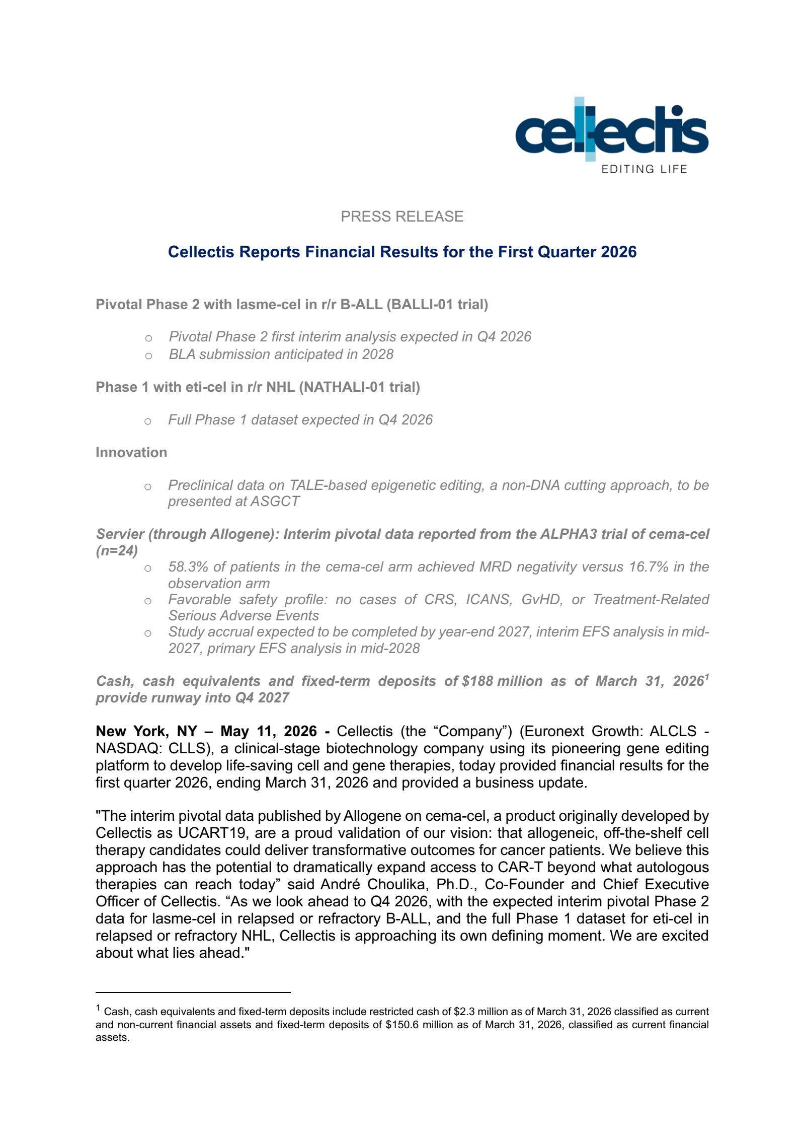 Cellectis' Q1 2026 Press Release