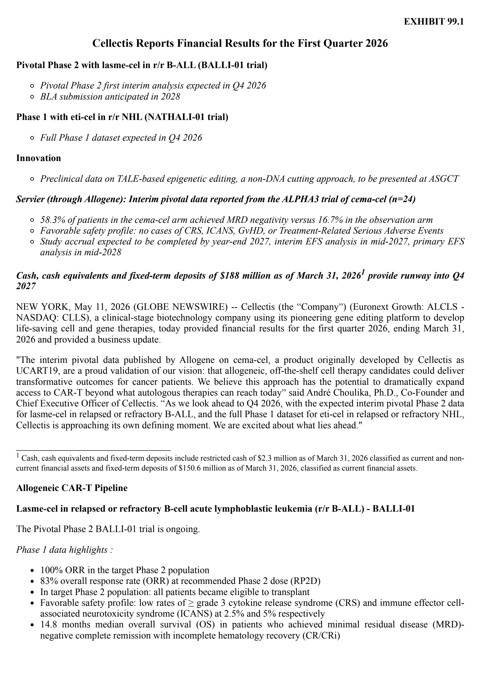 Cellectis' Q1 2026 Press Release