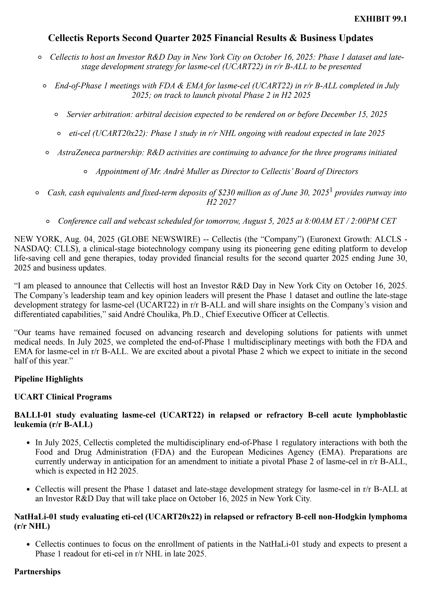 Cellectis' Q2 2025 Press Release
