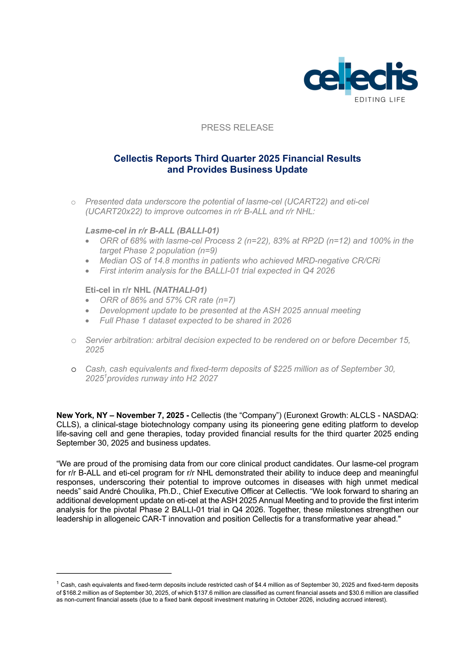 Cellectis' Q3 2025 Interim Report