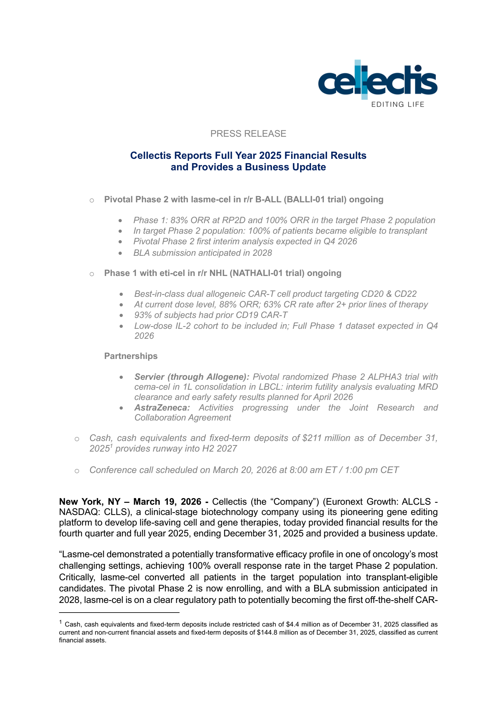 Cellectis' Q4 2025 Press Release