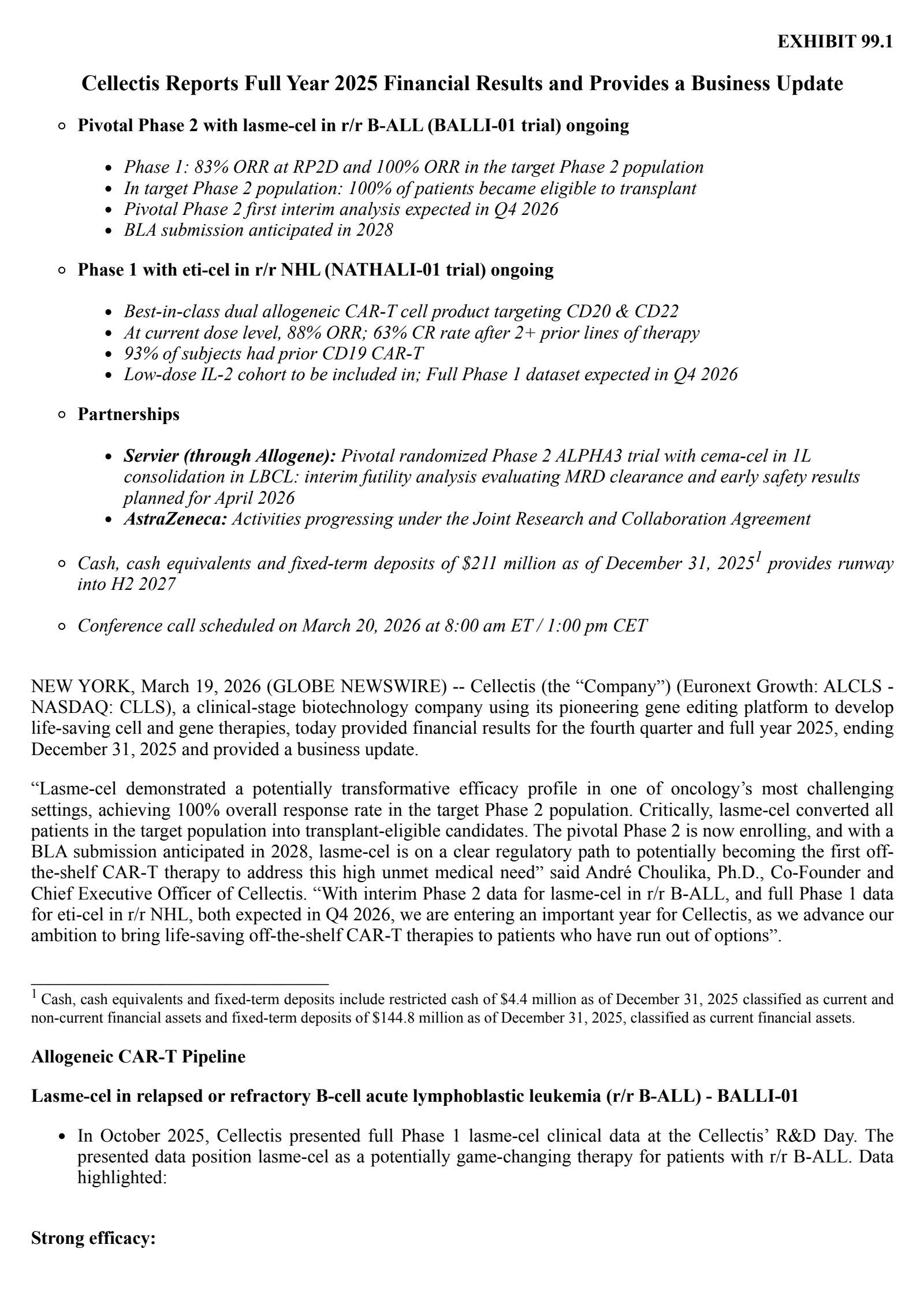 Cellectis' Q4 2025 Press Release