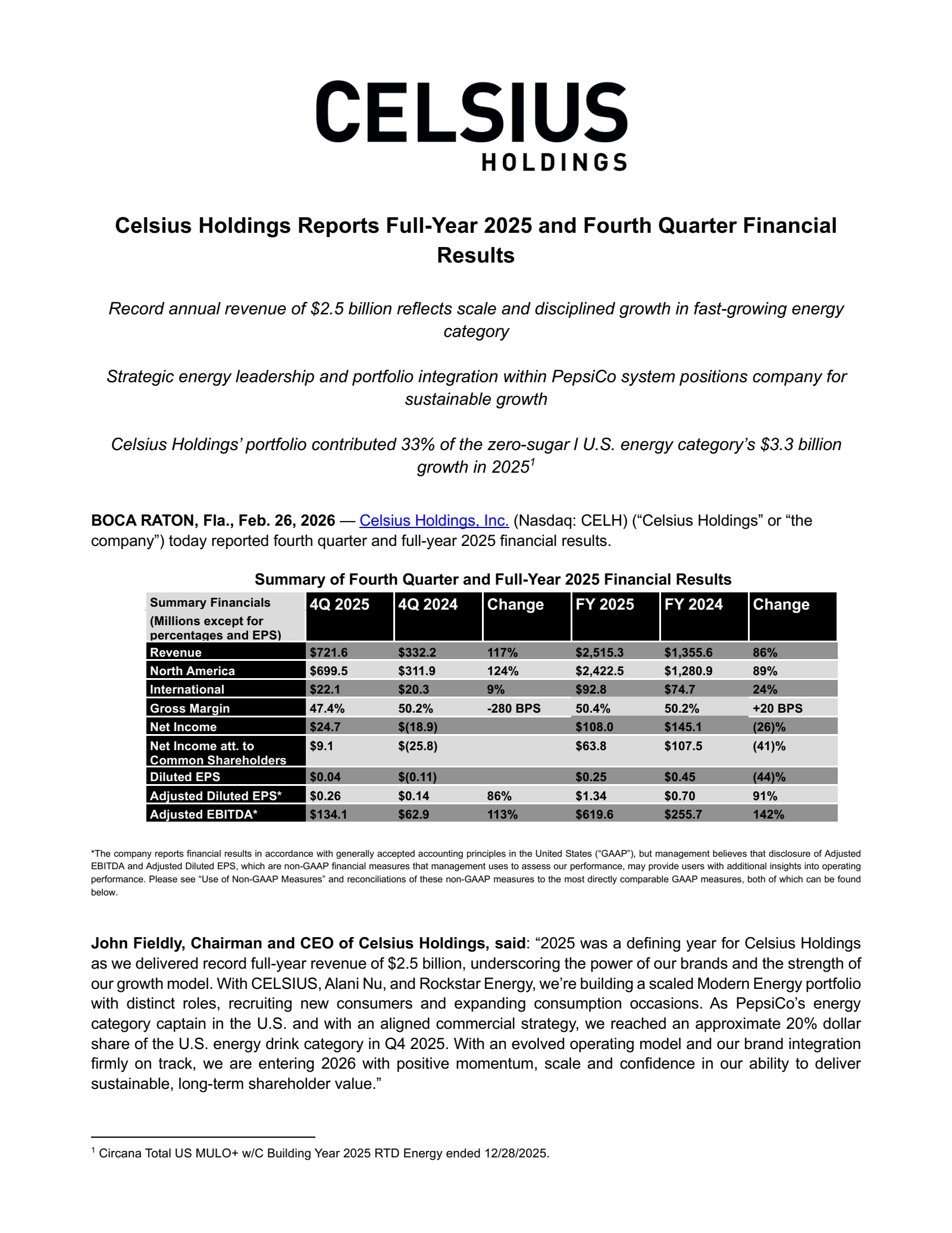 Celsius' Q4 2025 Press Release