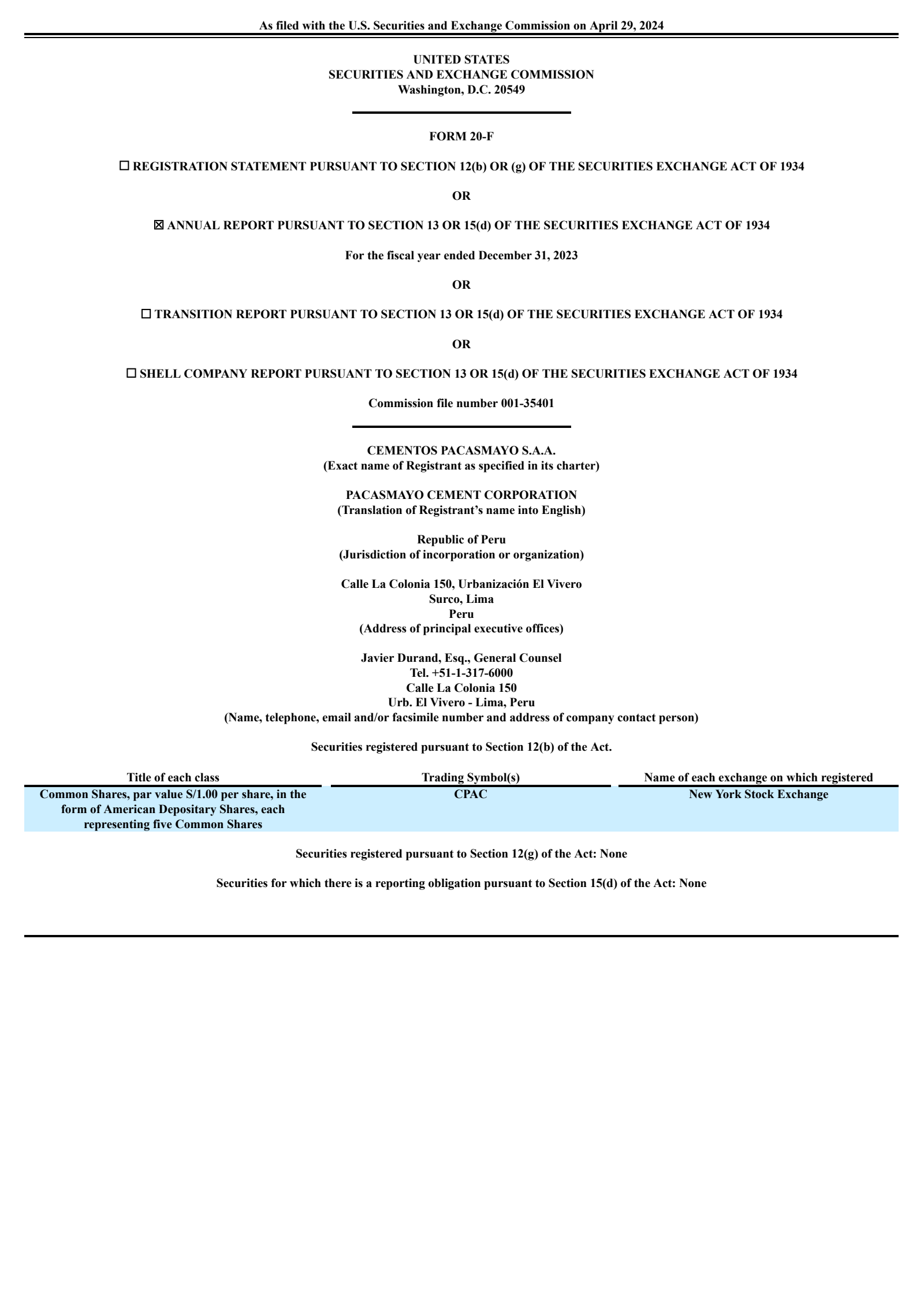 Cementos Pacasmayo S.A.A.'s Q4 2023 Annual Report