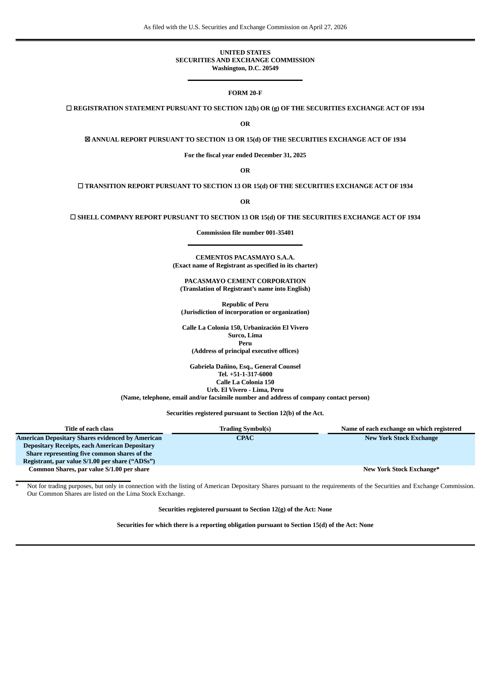 Cementos Pacasmayo S.A.A.'s Q4 2025 Annual report