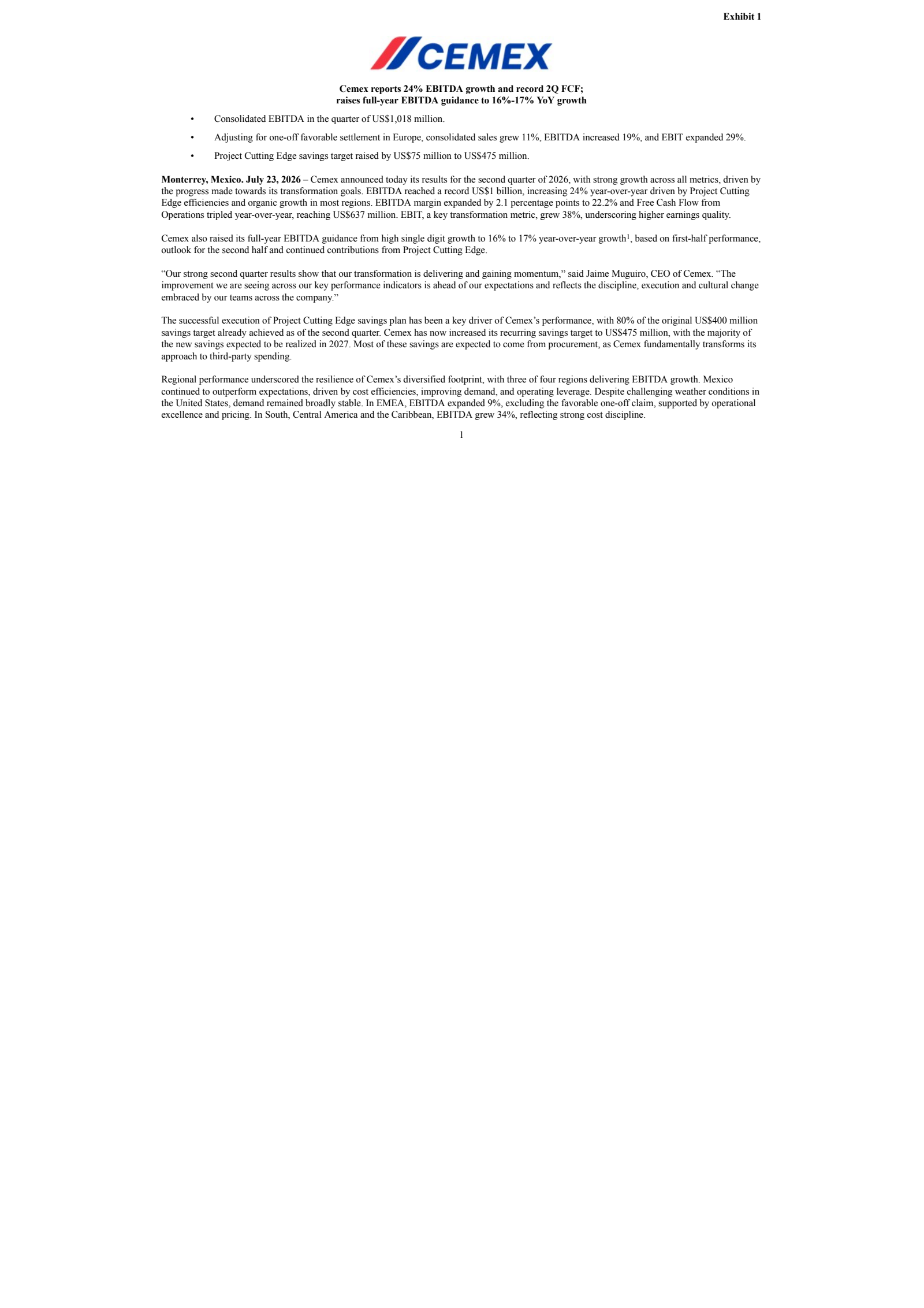 Cemex's Q2 2026 Press Release