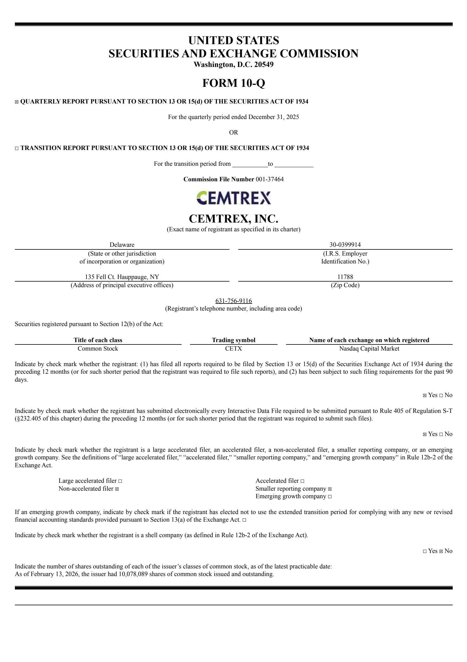 Cemtrex's Q1 2026 Quarterly report
