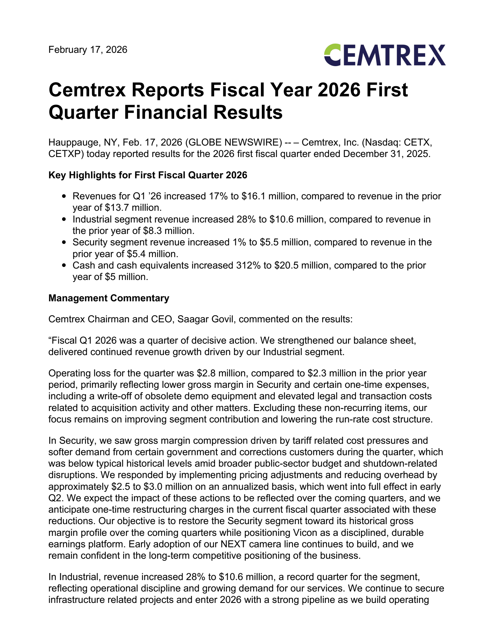 Cemtrex's Q1 2026 Press Release