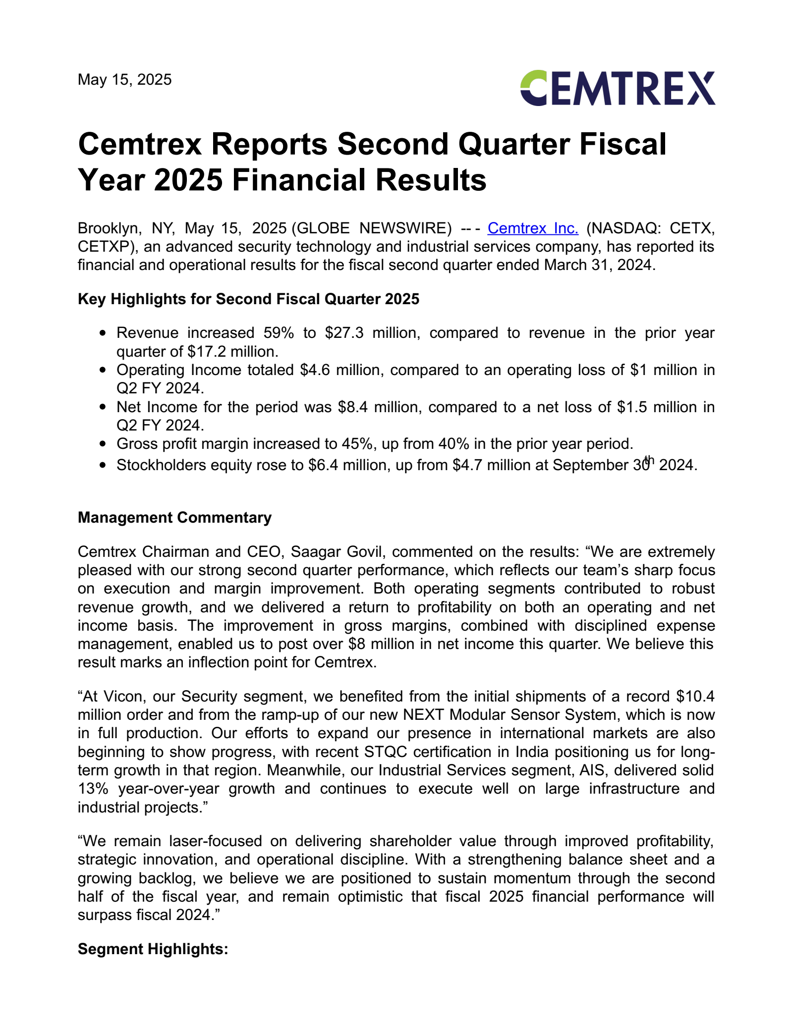 Cemtrex's Q2 2025 Earnings Release