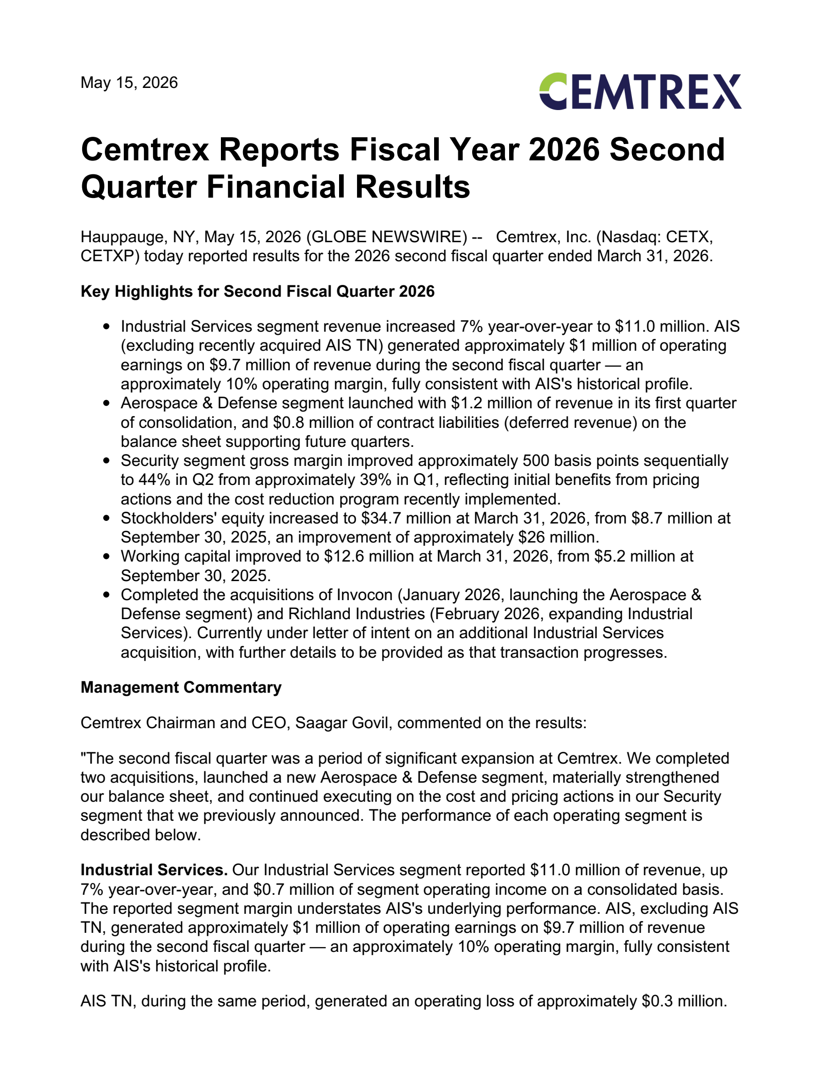 Cemtrex's Q2 2026 Press Release