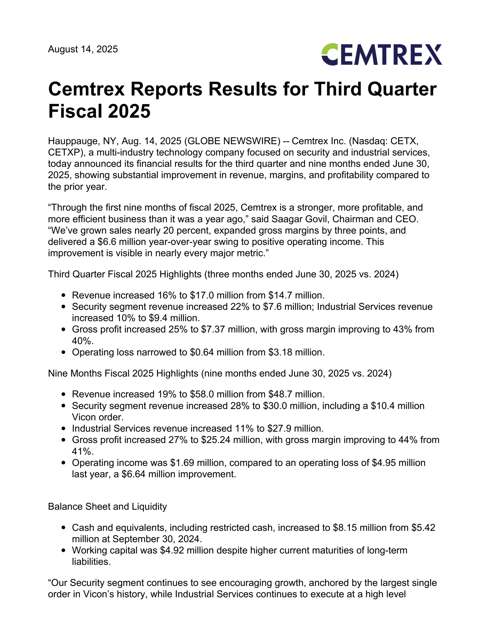 Cemtrex's Q3 2025 Press Release