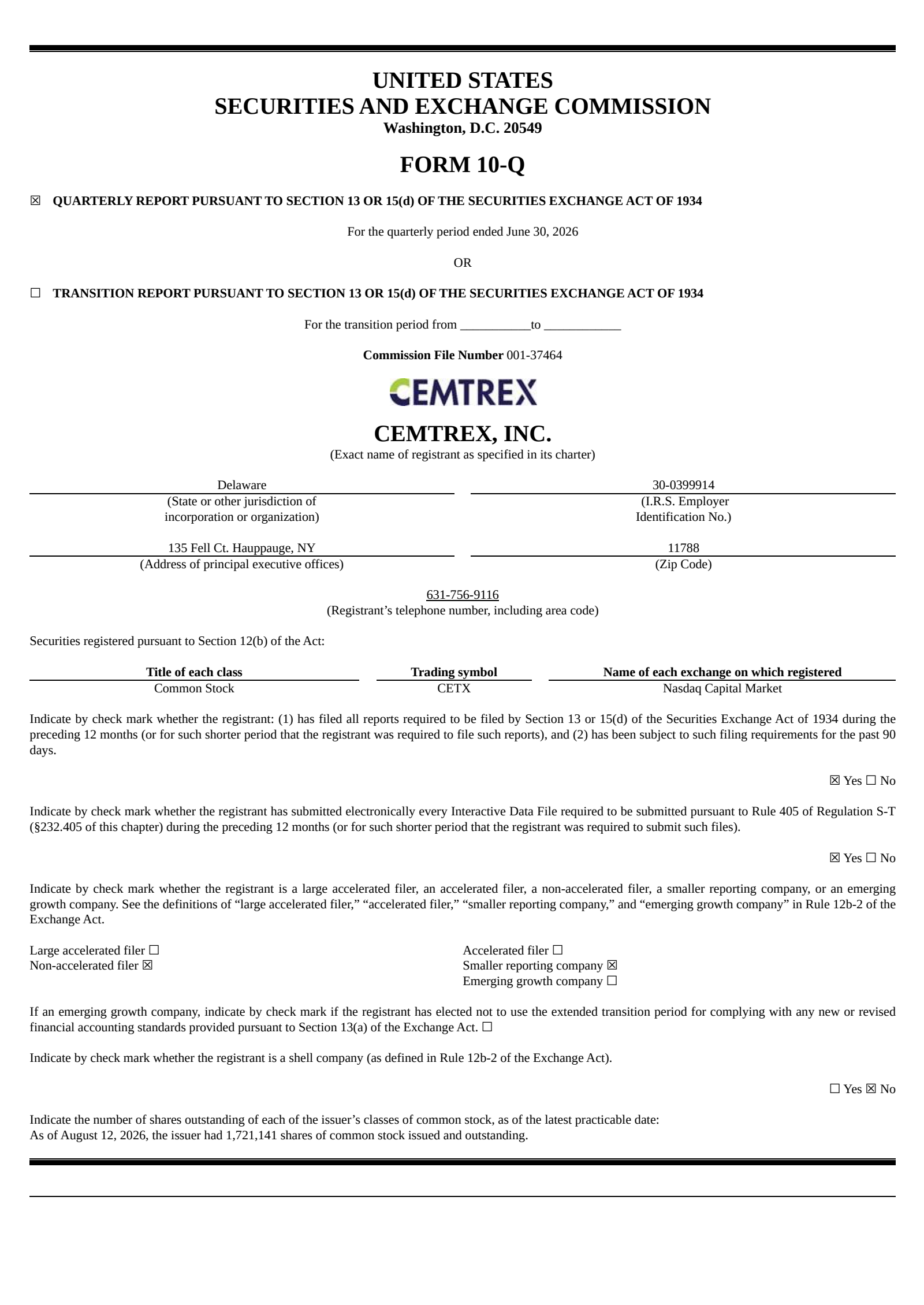 Cemtrex's Q3 2026 Quarterly report