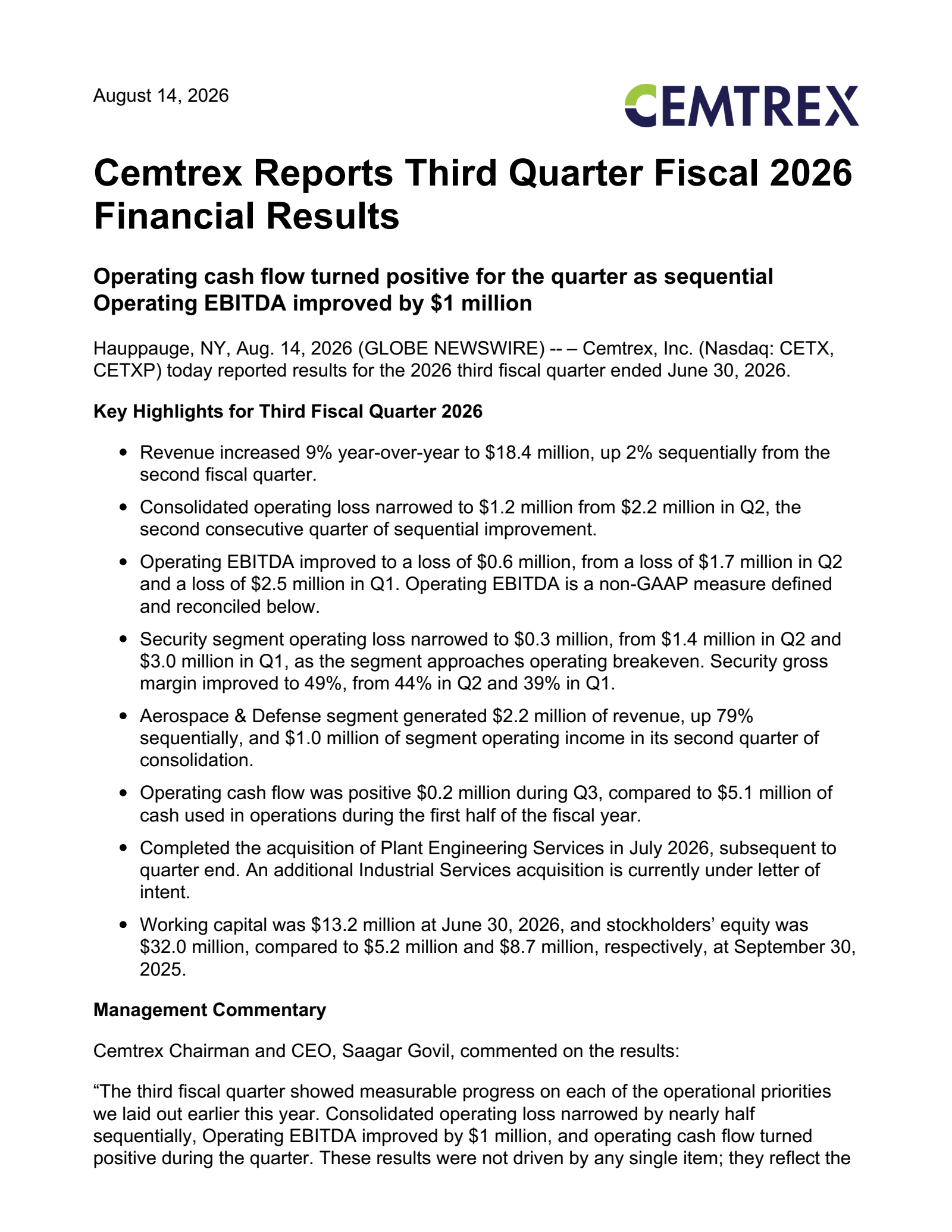 Cemtrex's Q3 2026 Press Release