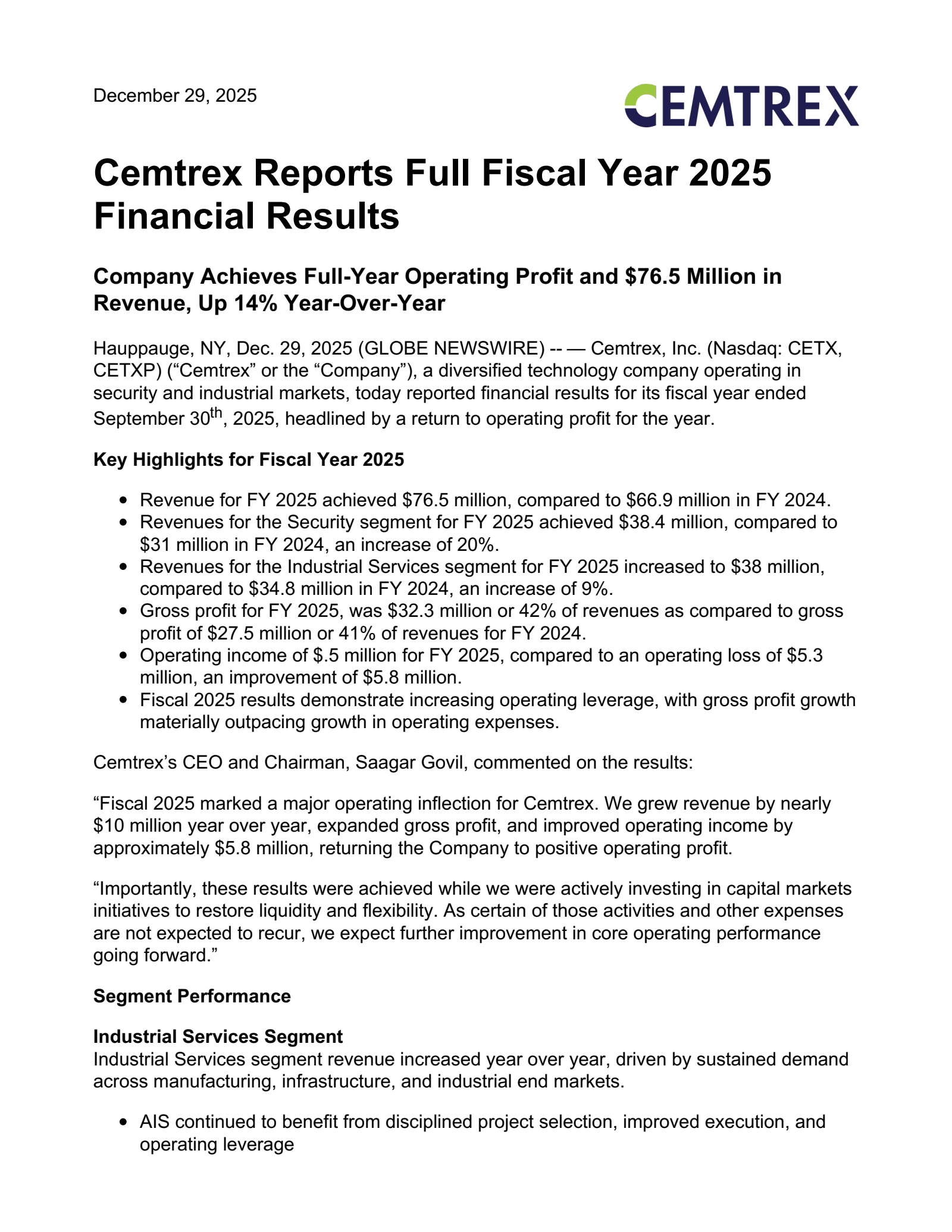Cemtrex's Q4 2025 Earnings Release
