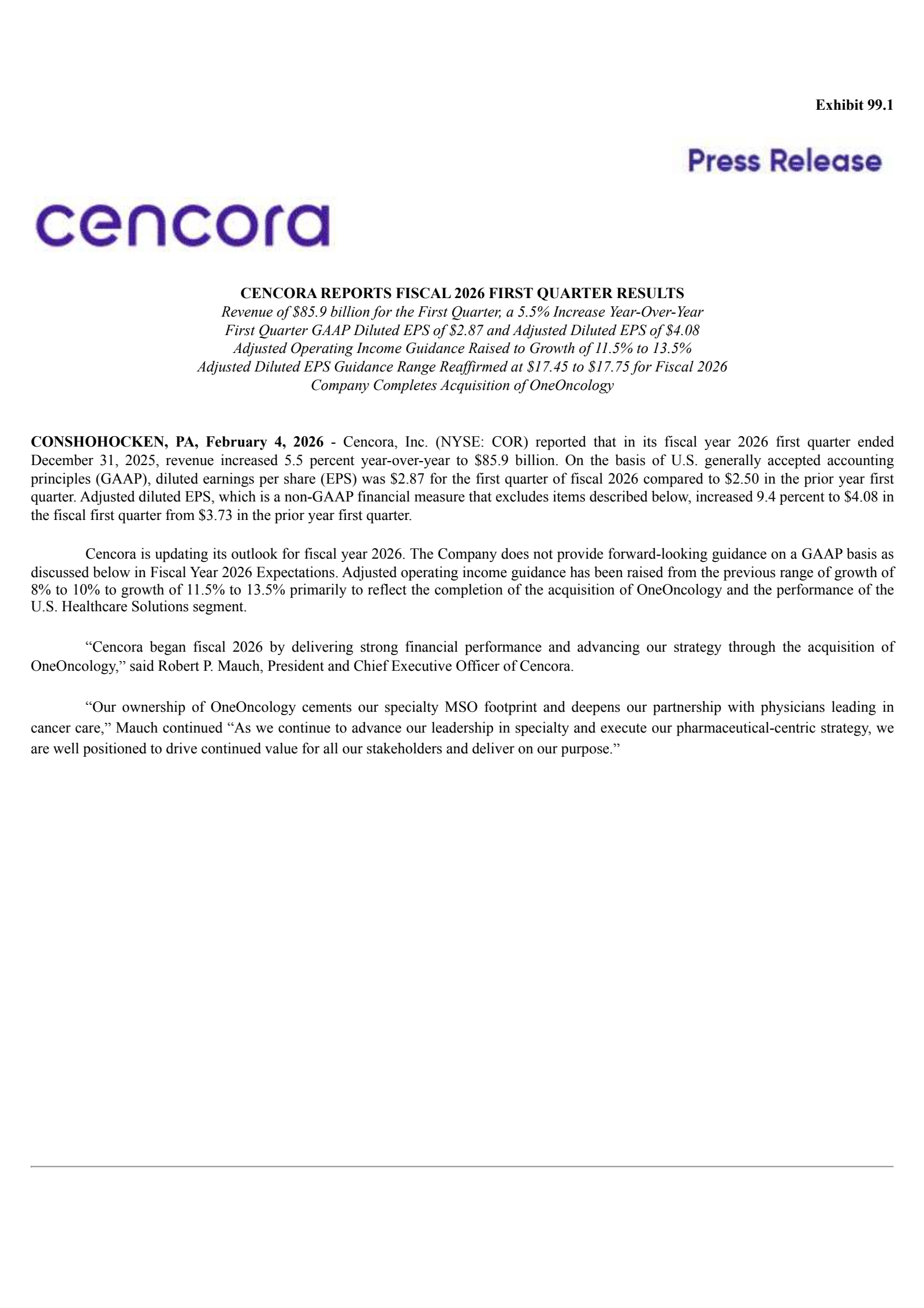 Cencora's Q1 2026 Press Release