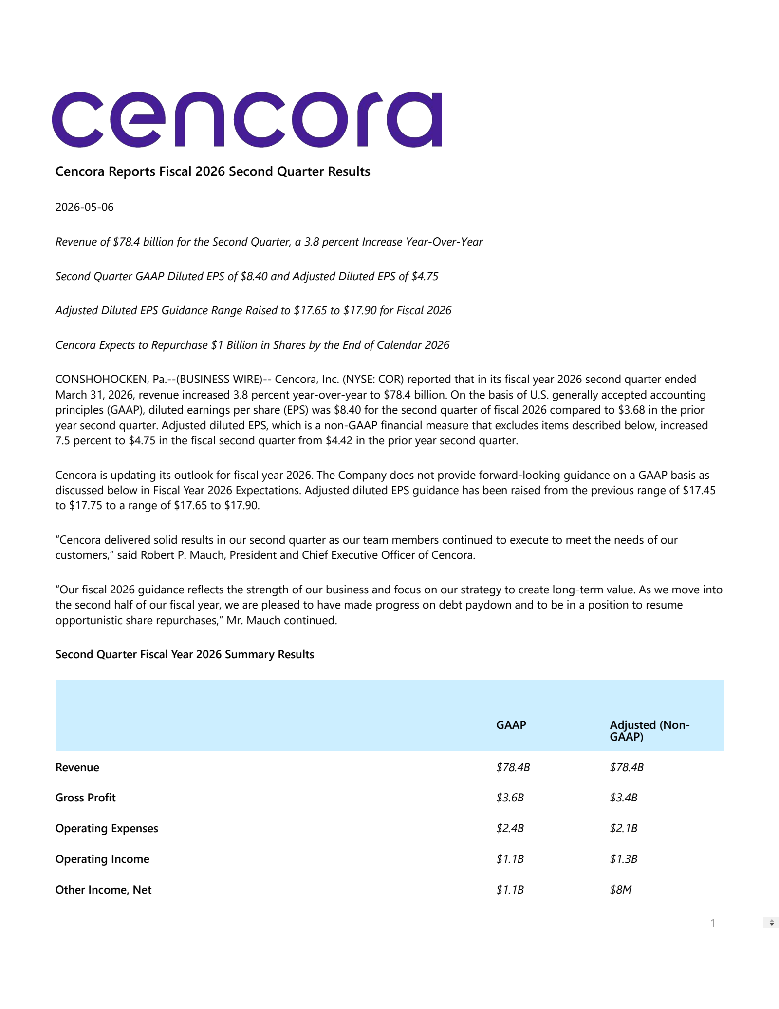 Cencora's Q2 2026 Press Release