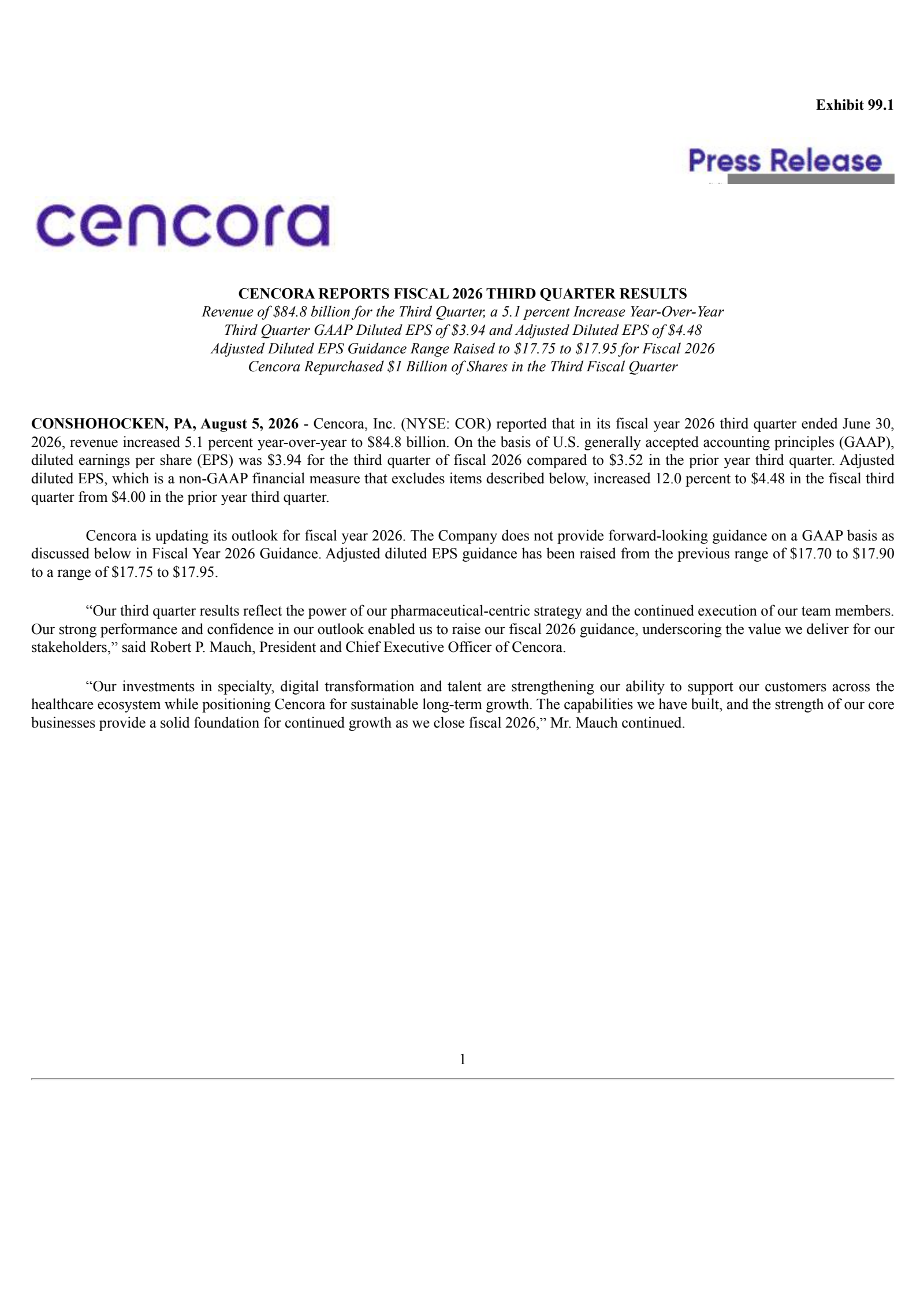 Cencora's Q3 2026 Press Release
