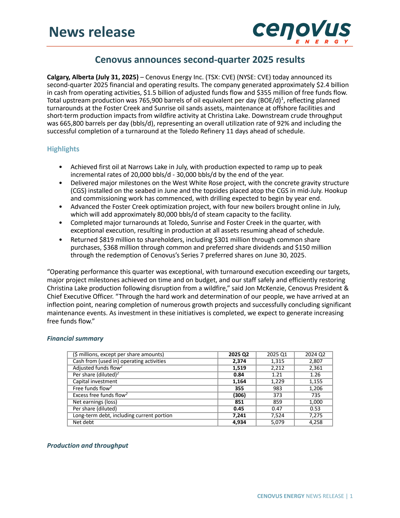 Cenovus Energy's Q2 2025 Press Release