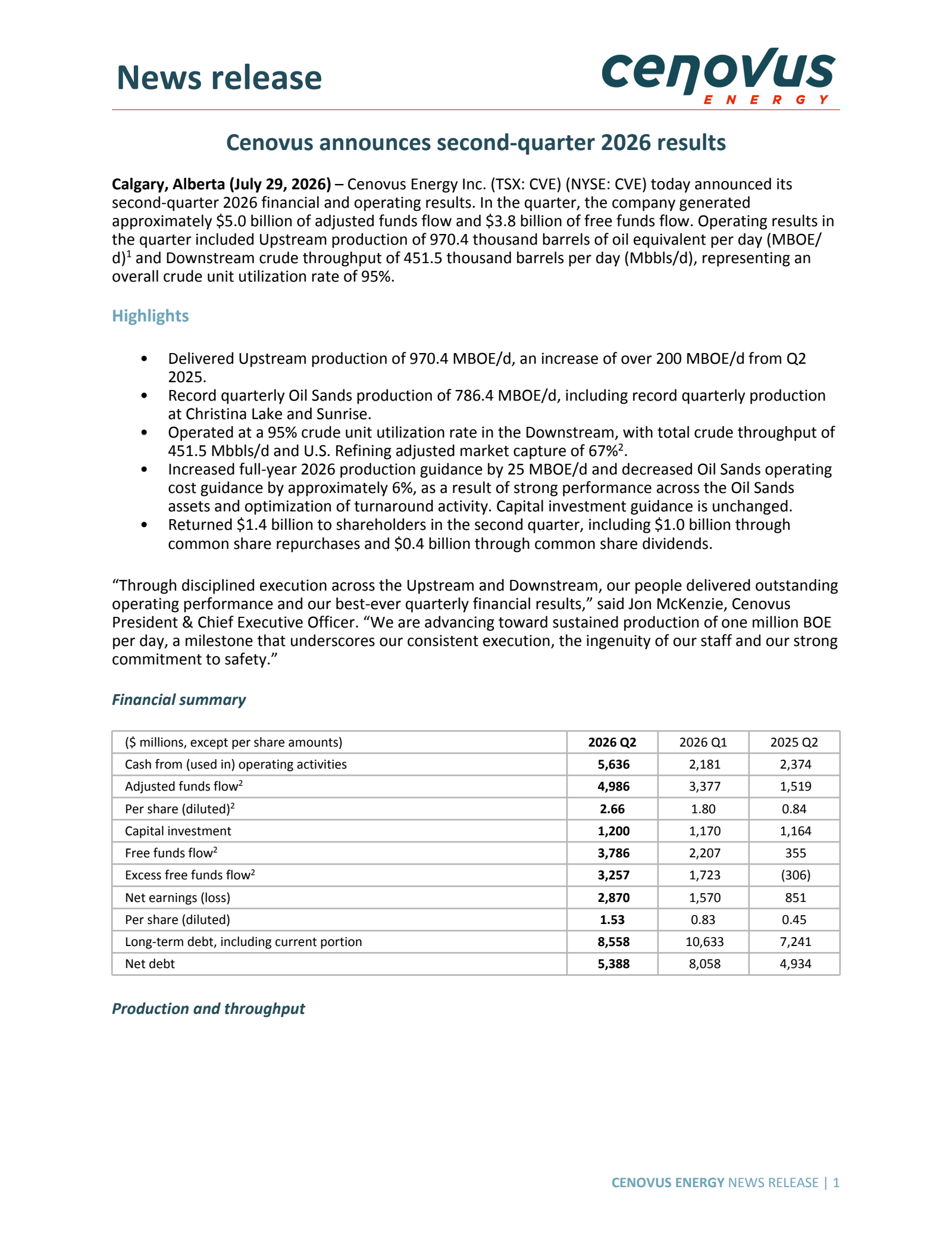 Cenovus Energy's Q2 2026 Press Release