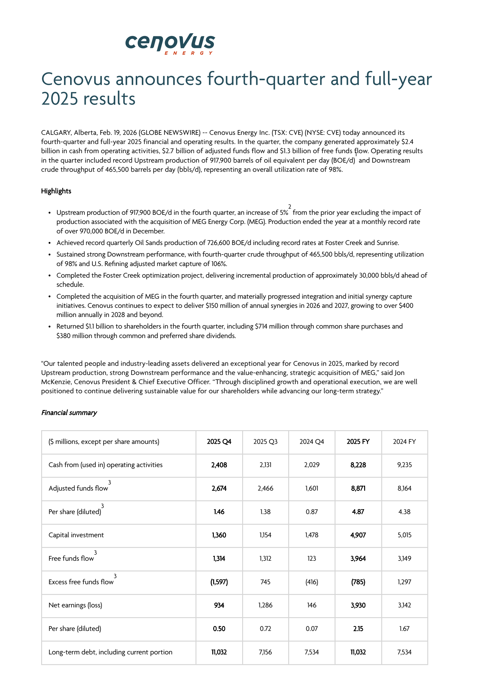 Cenovus Energy's Q4 2025 Press Release