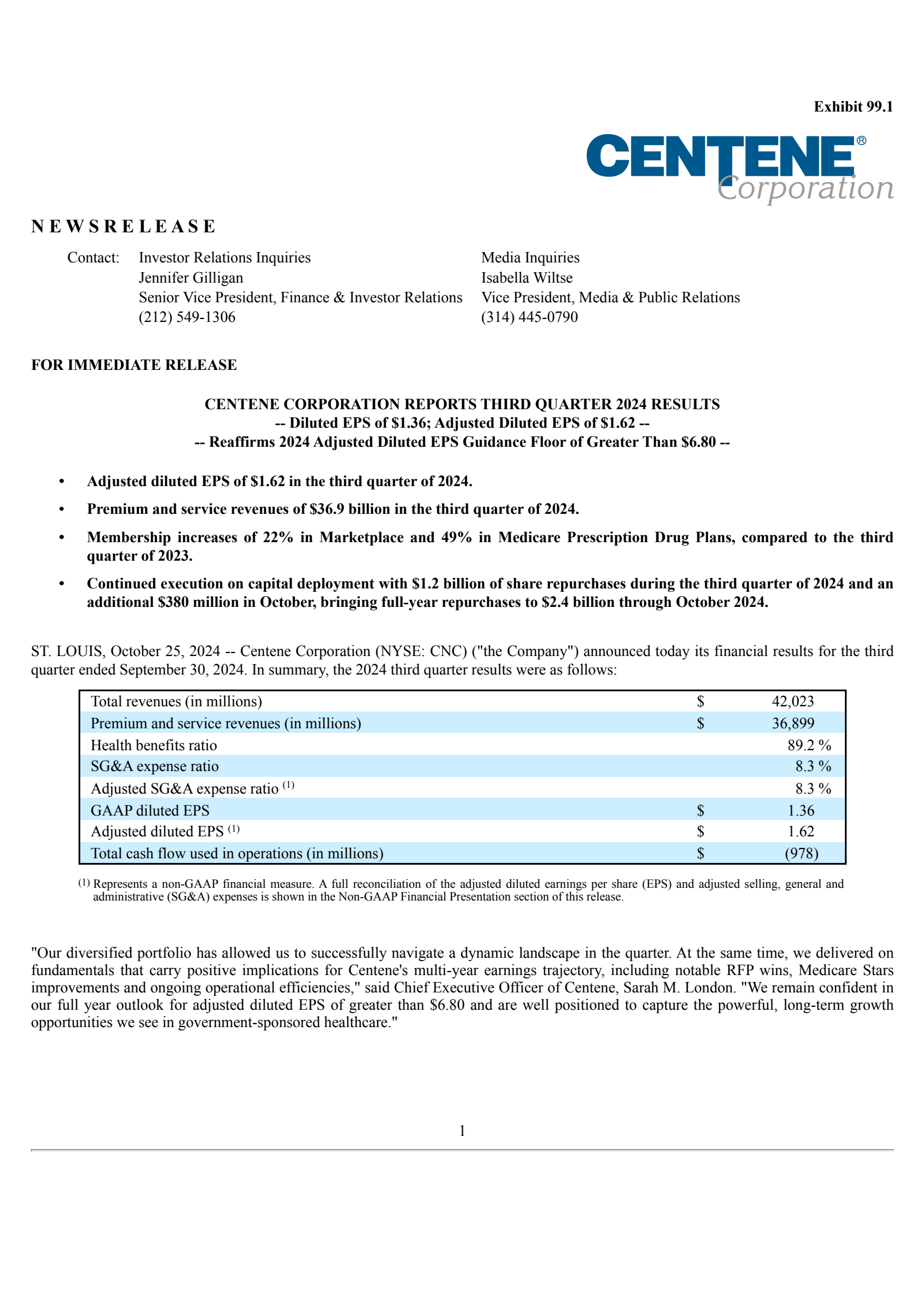 Centene's Q3 2024 Press Release