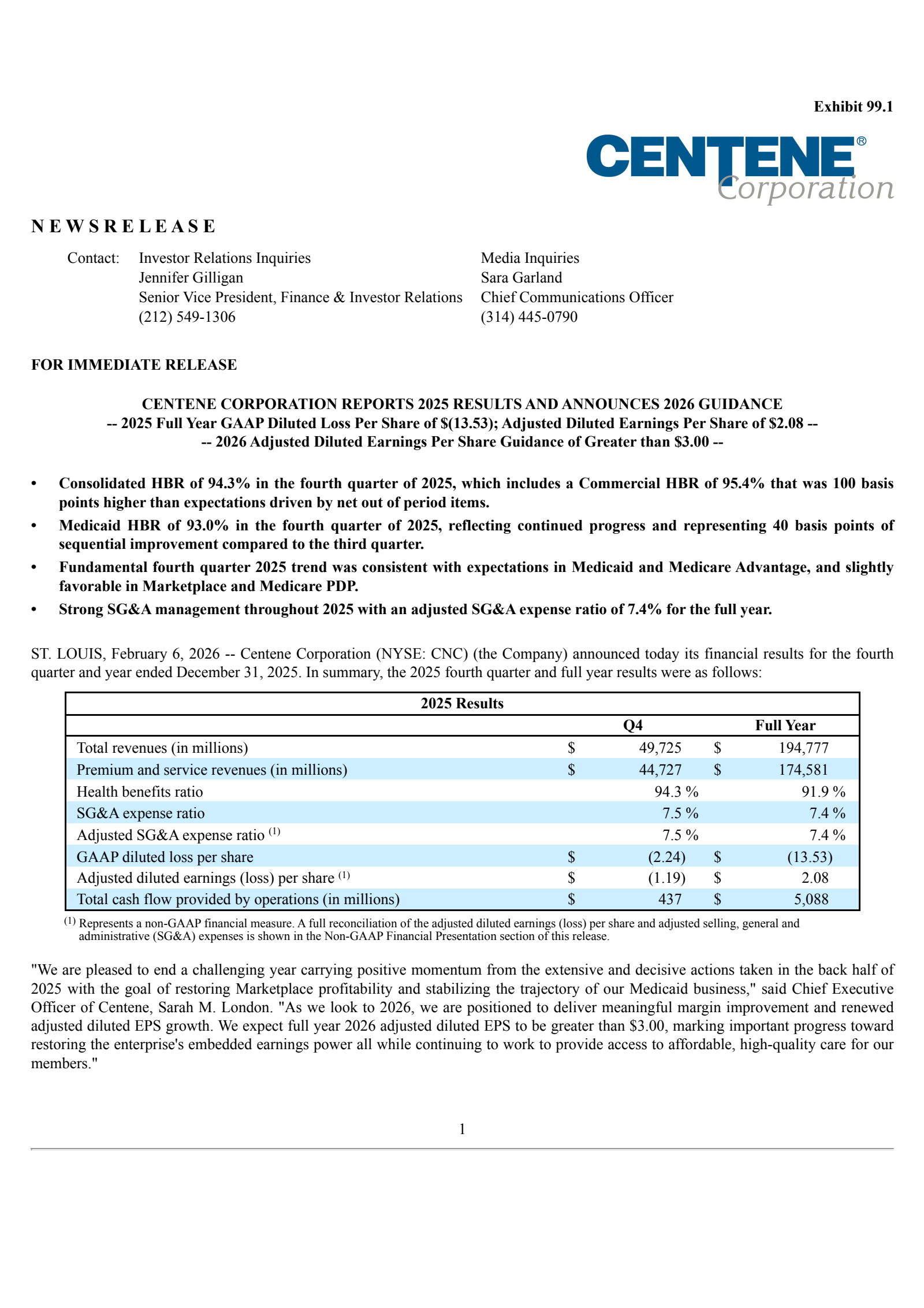 Centene's Q4 2025 Press Release