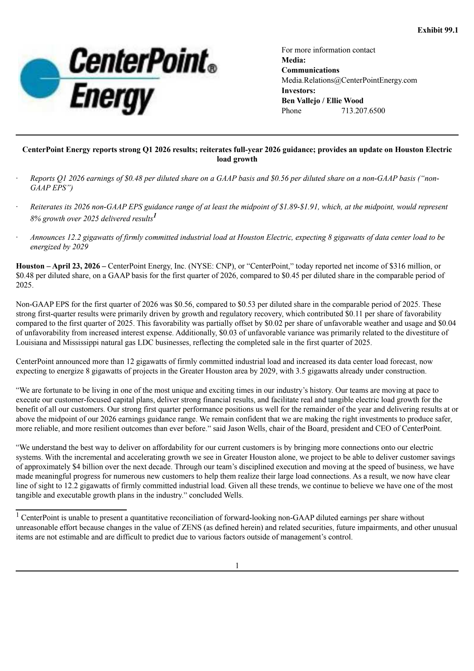 CenterPoint Energy's Q1 2026 Press Release