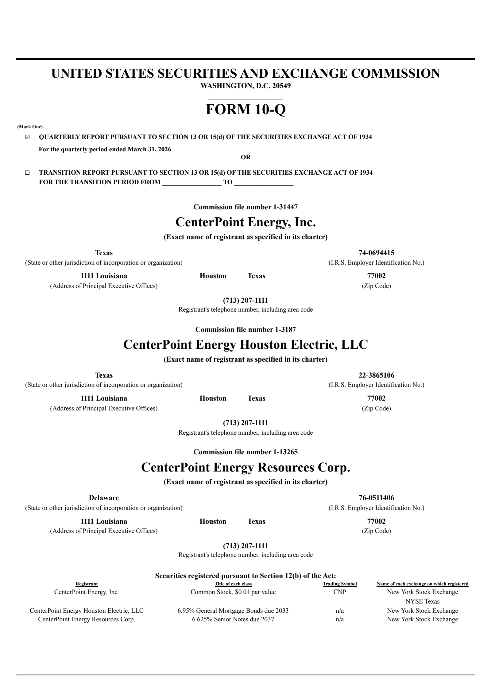 CenterPoint Energy's Q1 2026 Quarterly report