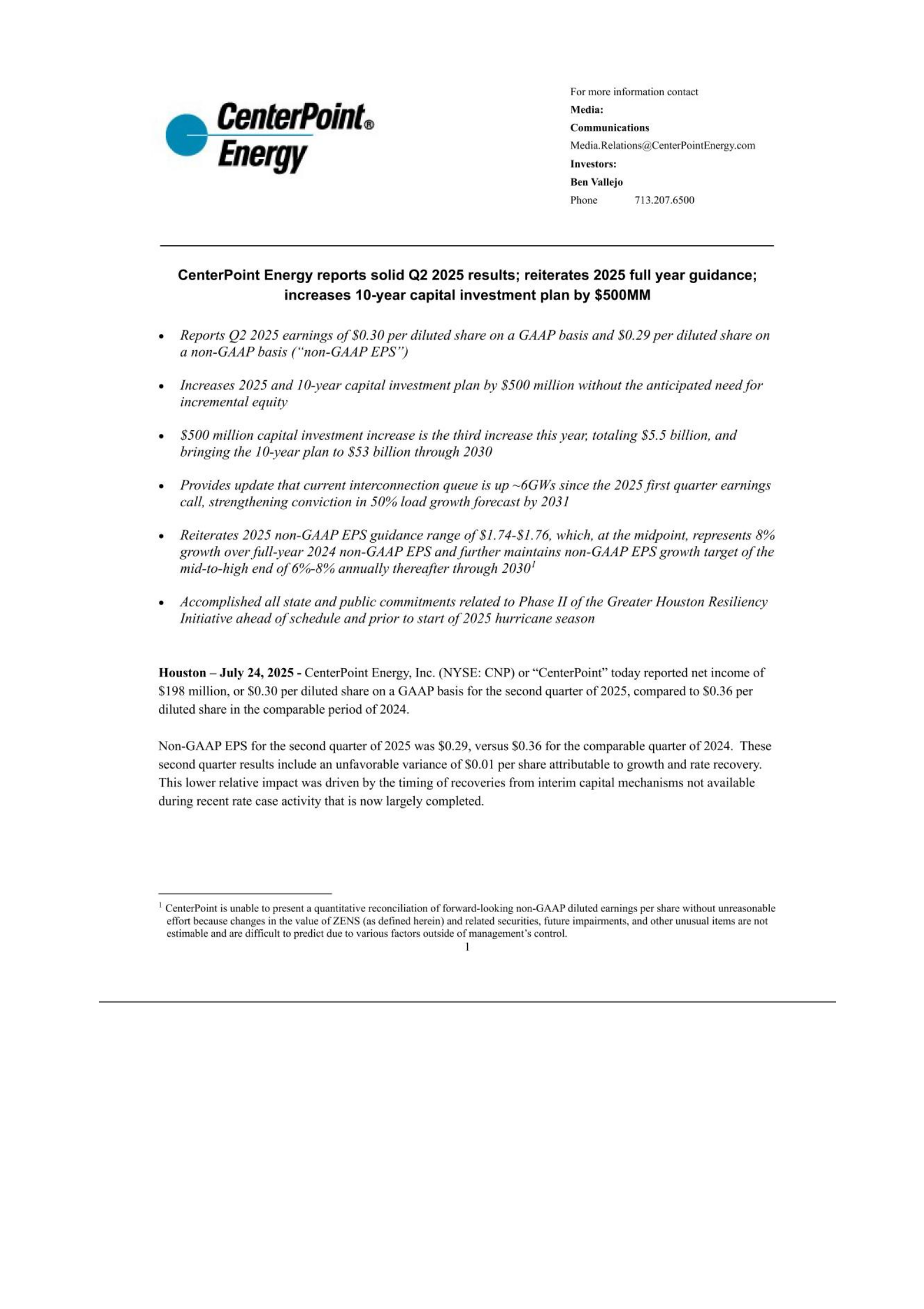 CenterPoint Energy's Q2 2025 Press Release