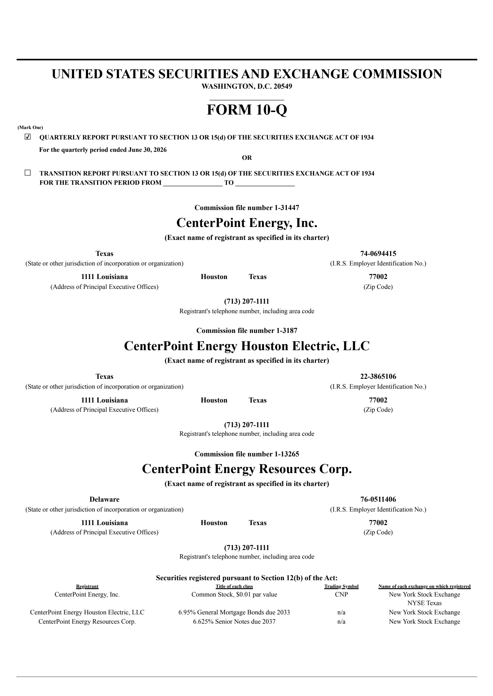 CenterPoint Energy's Q2 2026 Quarterly report