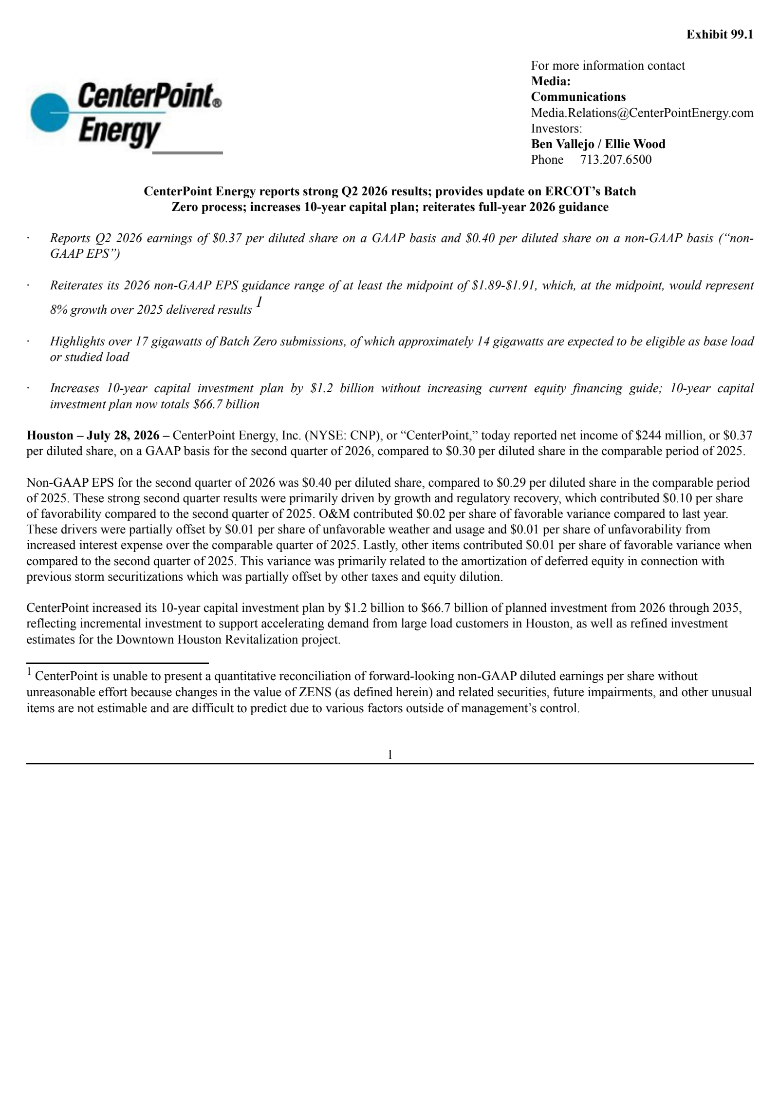CenterPoint Energy's Q2 2026 Press Release