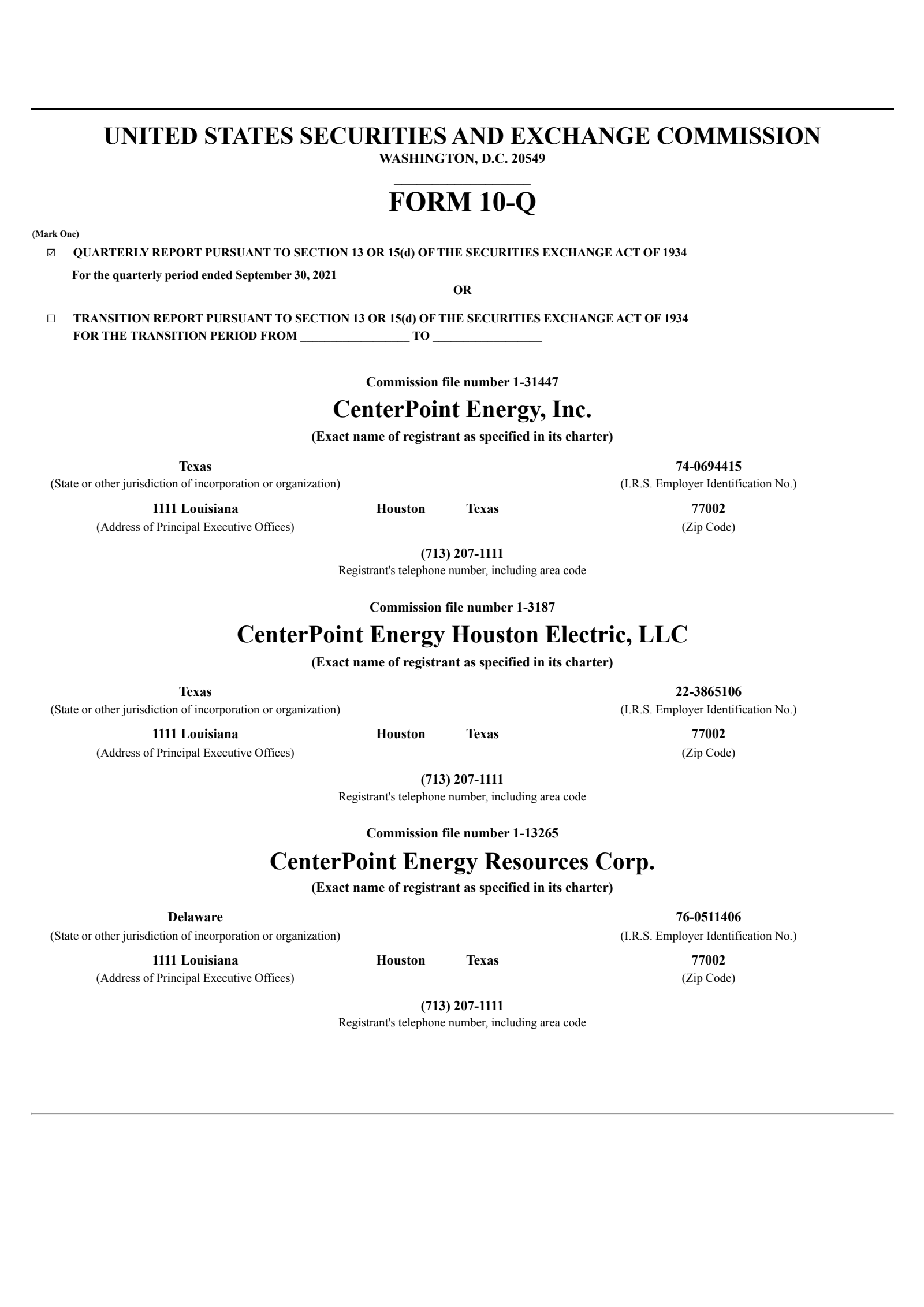 CenterPoint Energy's Q3 2021 Quarterly report