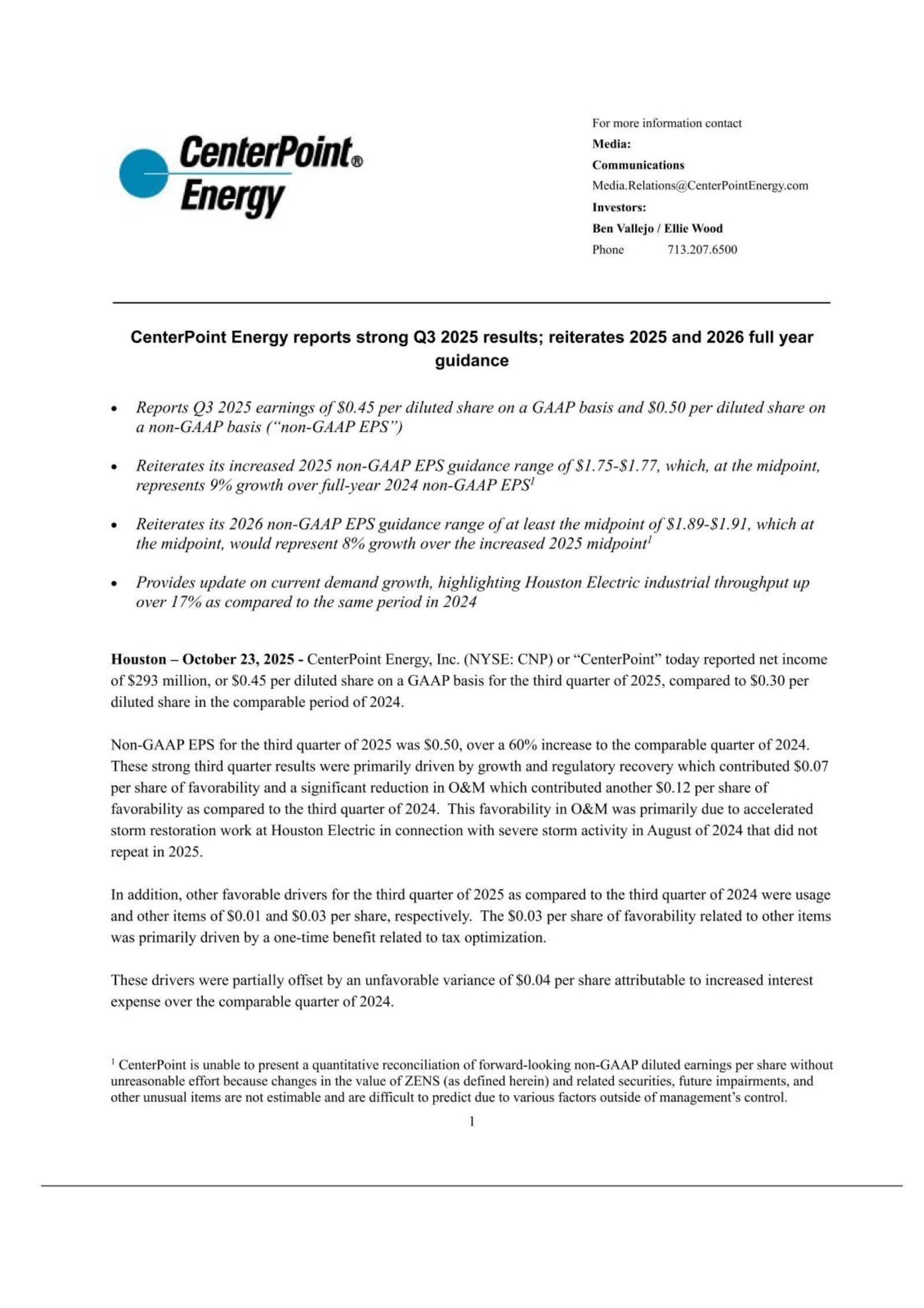 CenterPoint Energy's Q3 2025 Earnings Release