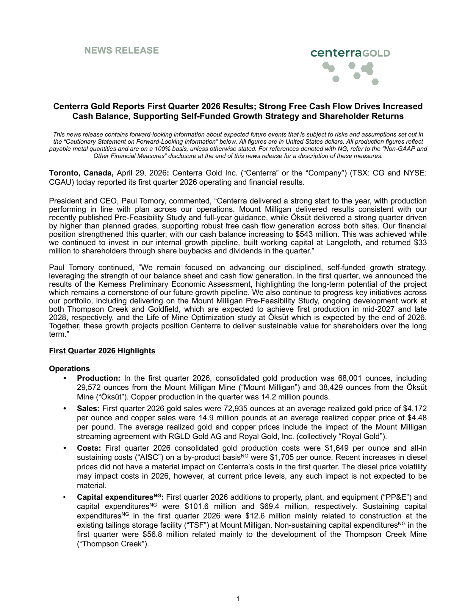 Centerra Gold's Q1 2026 Press Release