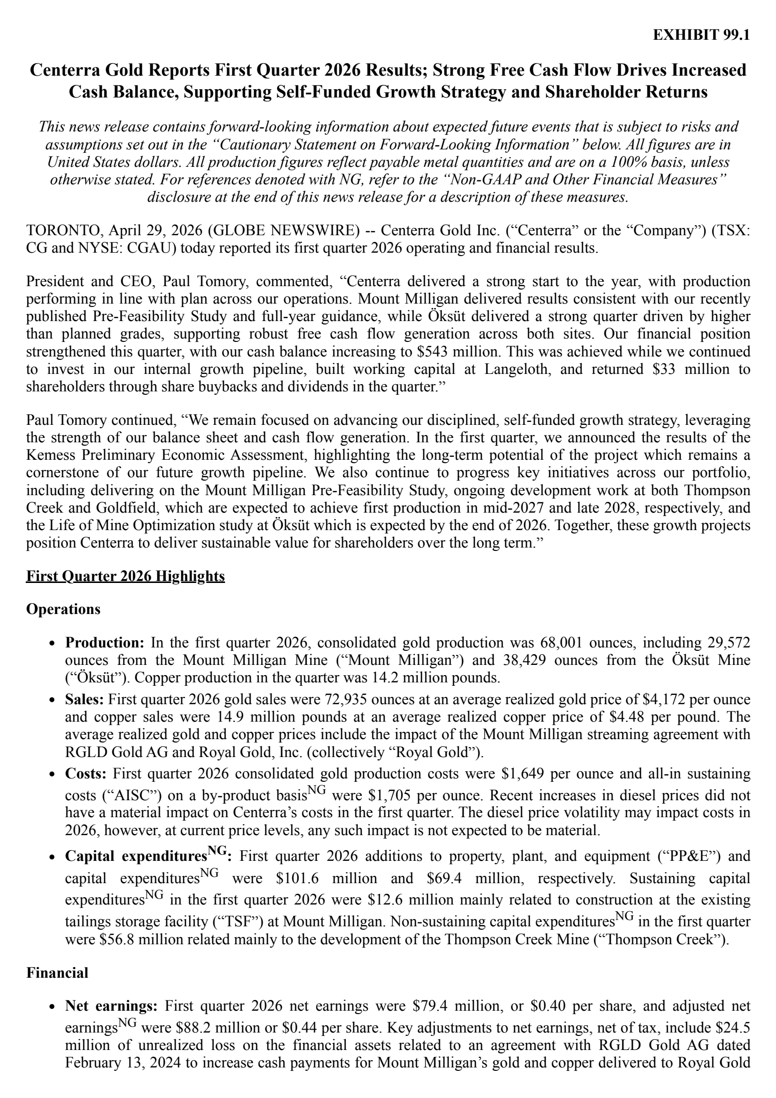 Centerra Gold's Q1 2026 Press Release
