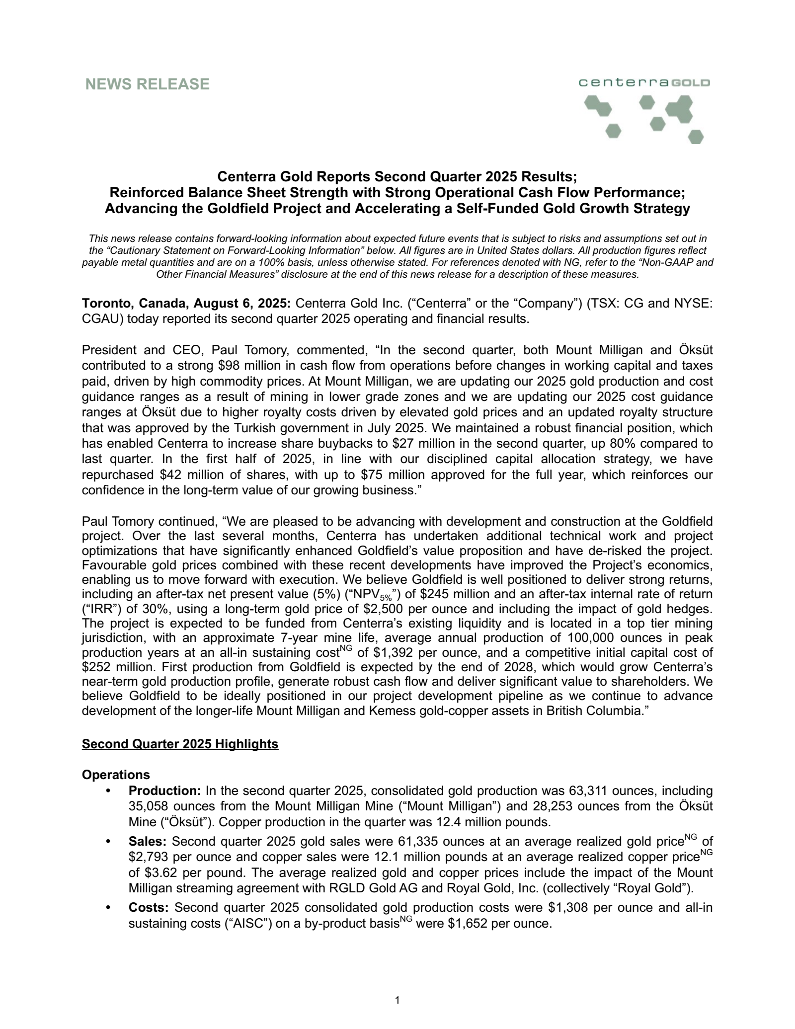 Centerra Gold's Q2 2025 Press Release