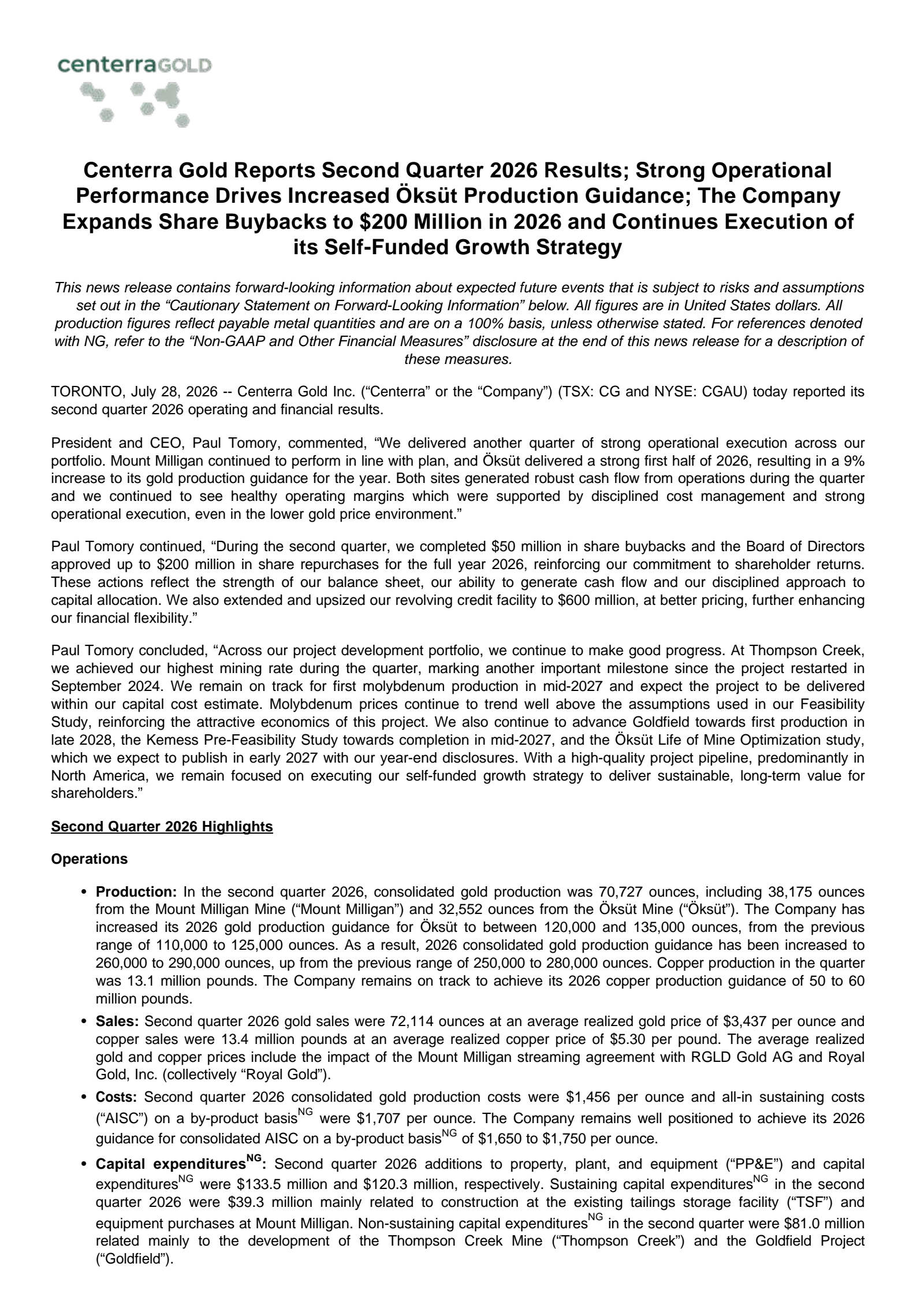 Centerra Gold's Q2 2026 Press Release